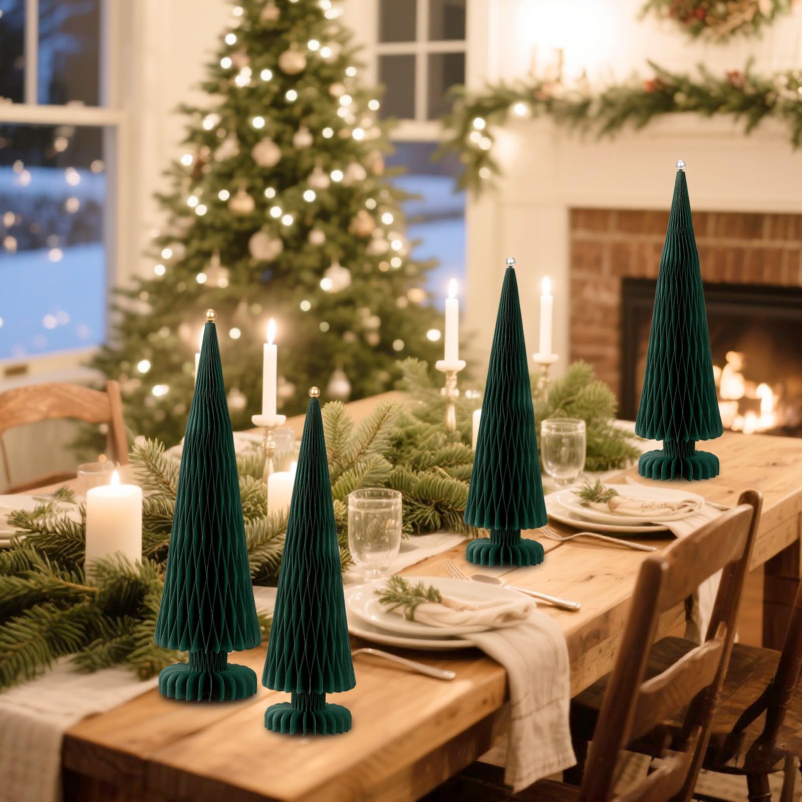 OBBOBO Green Paper Christmas Tree 4 Piece with Mini Shiny Ball Accent, XMARS Holiday Centerpieces for Home Office Party Decor
