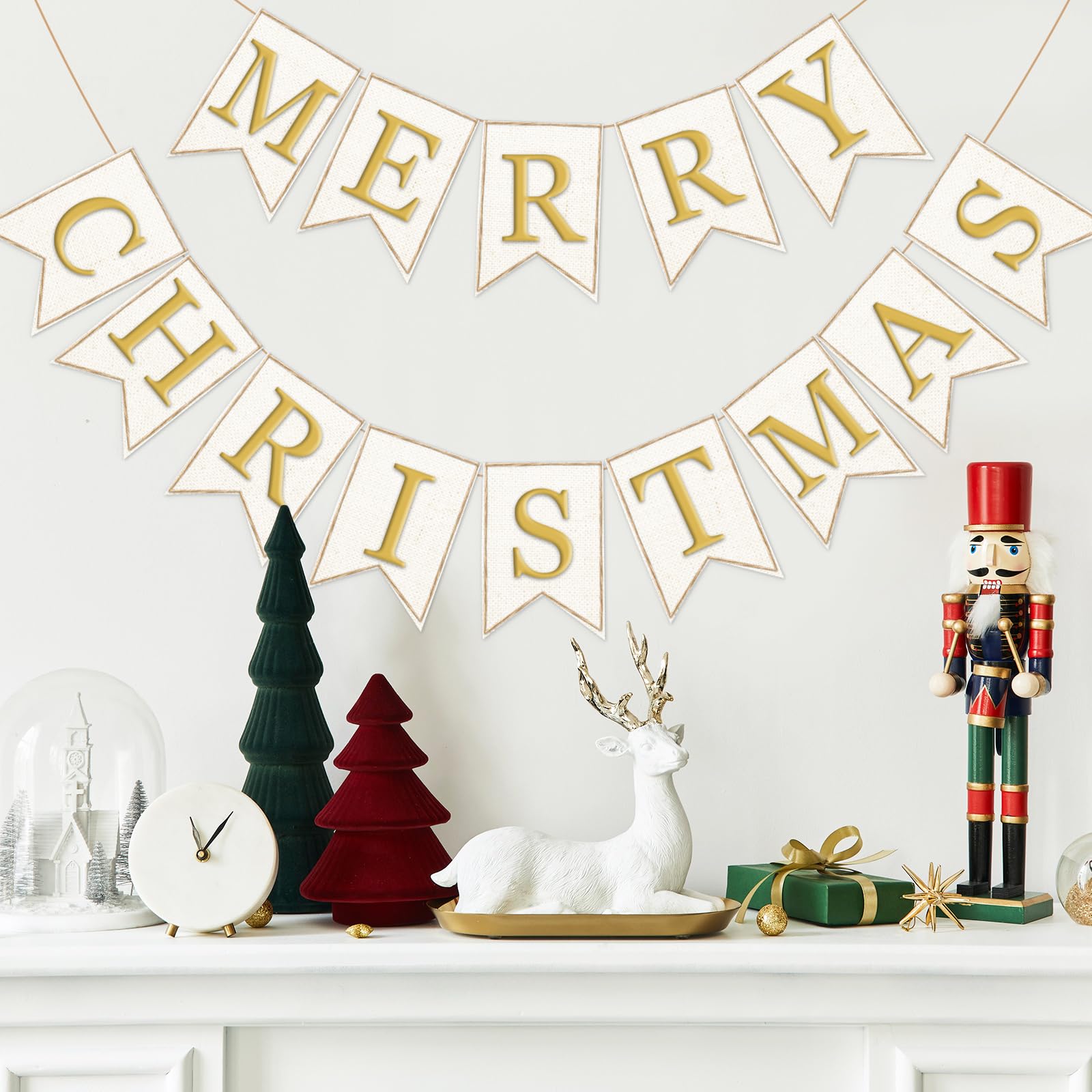 Whaline 2Pcs Christmas Burlap Banner Felt Merry Christmas Banner Gold White Pre-Assembled Xmas Bunting Garland For Home Party Ha