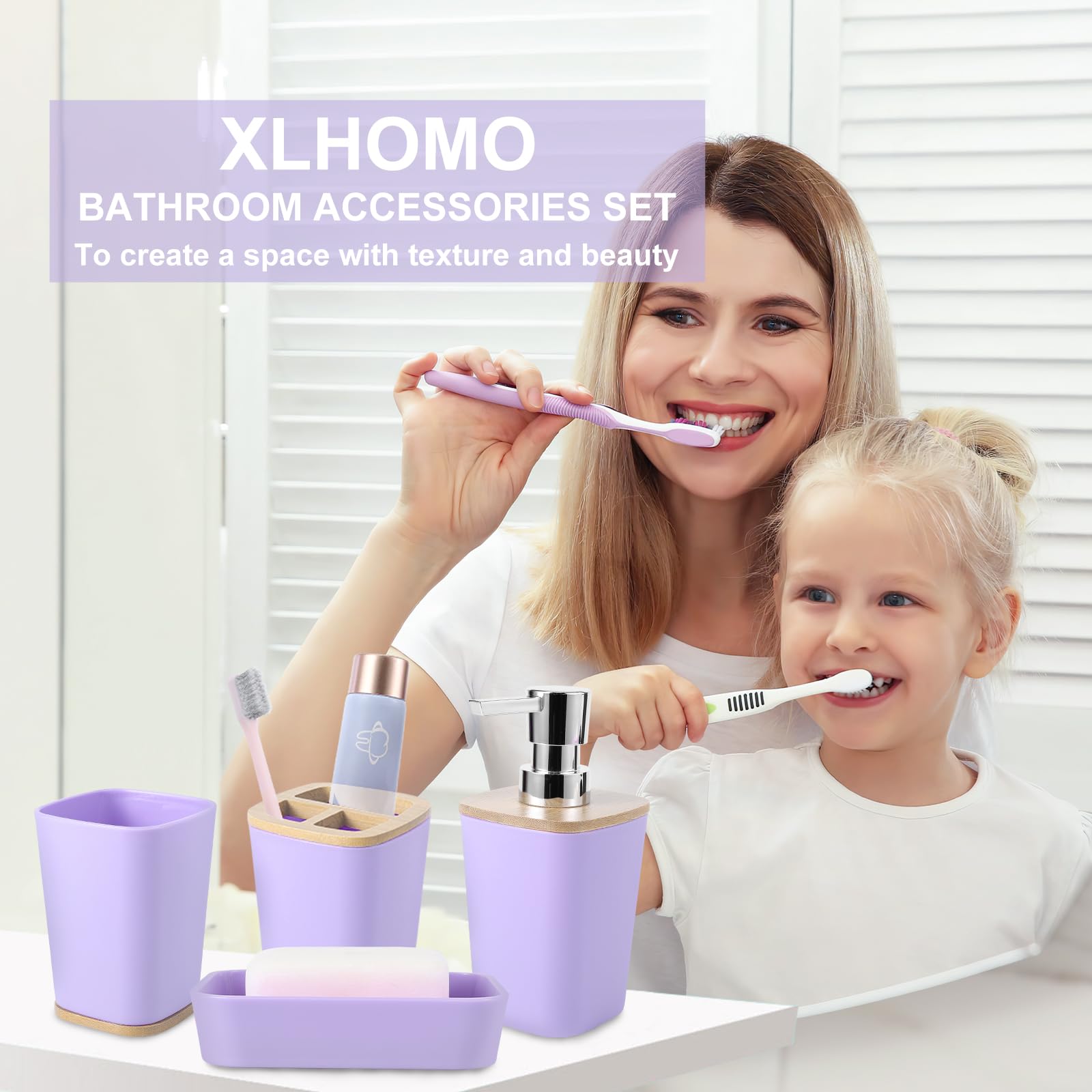 Purple Bathroom Accessories Set, 9 Piece Purple Bathroom Accessory Set With Trash Can,Toothbrush Holder,Toothbrush Cup,Lotion So
