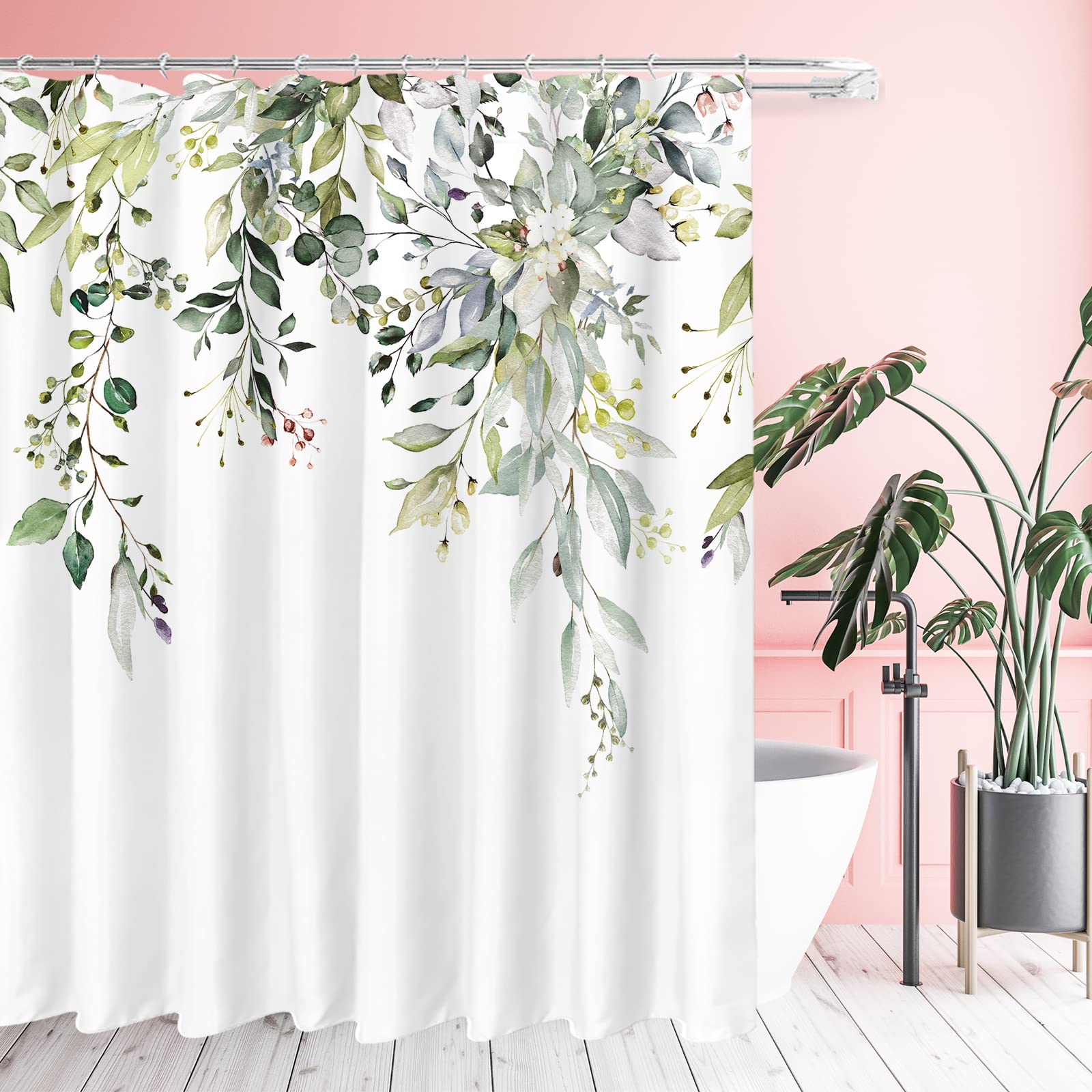 Tititex Green Eucalyptus Shower Curtain Sets, Watercolor Leaves On The Top Plant With Floral Bathroom Decoration 72X84 Inch With