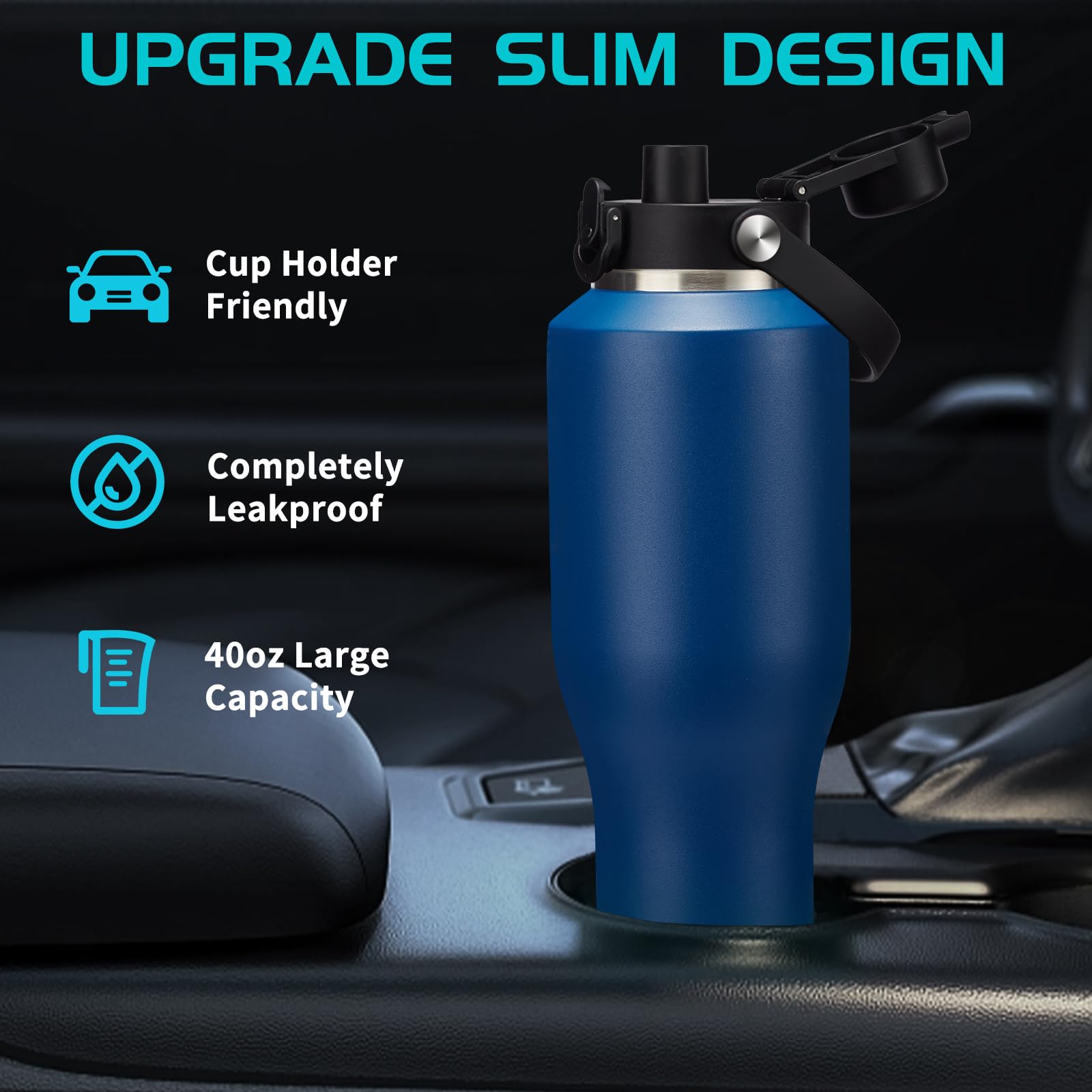 40Oz Insulated Water Bottle That Fits In Cup Holder - Water Cup With Spout Lid, Straw, Sleeve With Side Handle, Vacuum Stainless