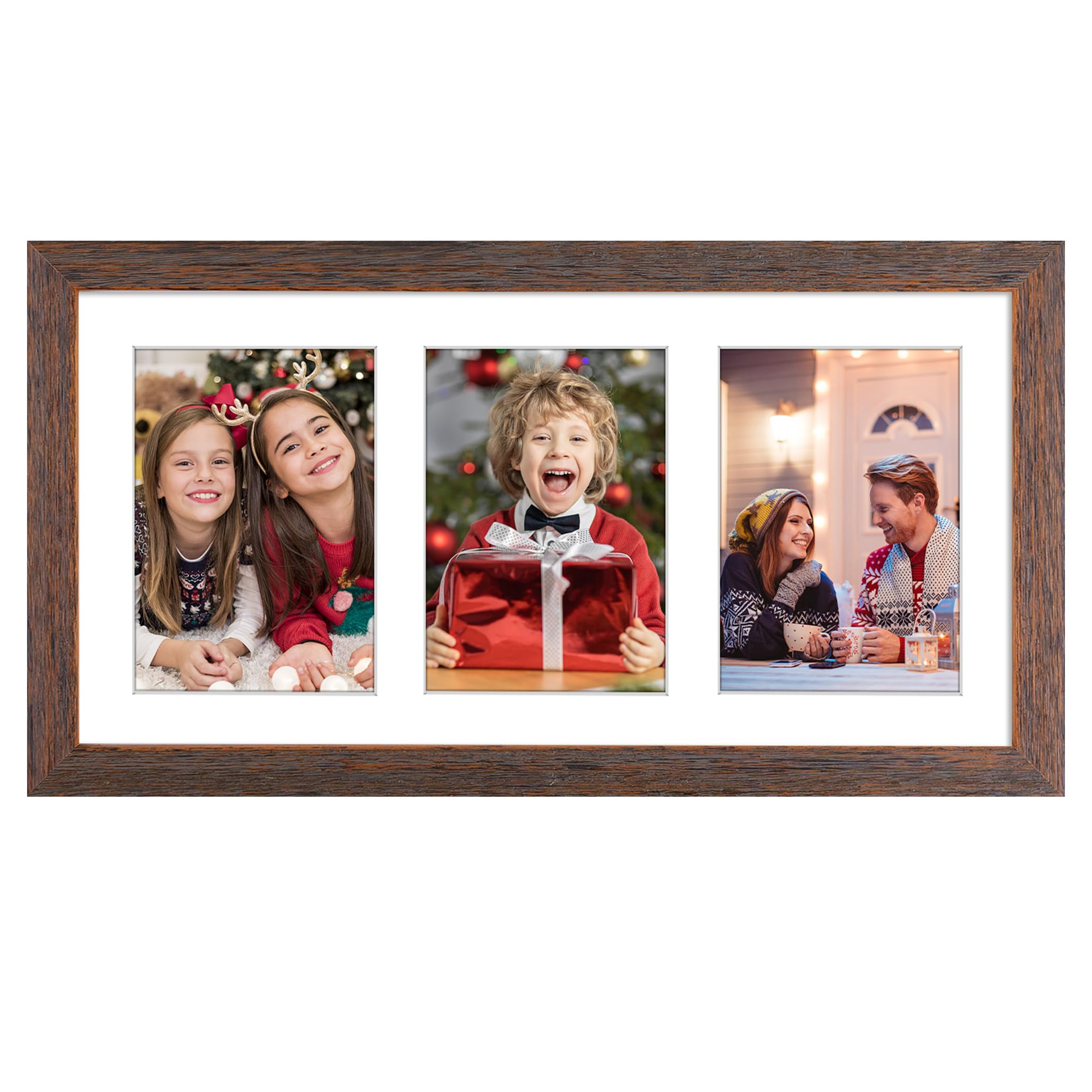 Golden State Art, 9x18 Distressed Brown Wood Frame - White Mat for Three 5x7 Pictures - Sawtooth Hangers- Swivel Tabs - Wall Mou
