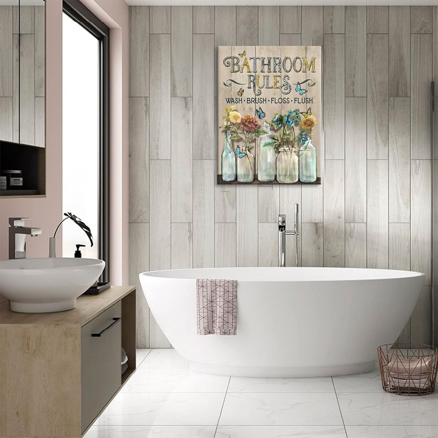 Shuweienphant Farmhouse Bathroom Wall Art Flower Butterfly Floral Pictures Wall Decor Bathroom Rules Mason Jar Canvas Painting P