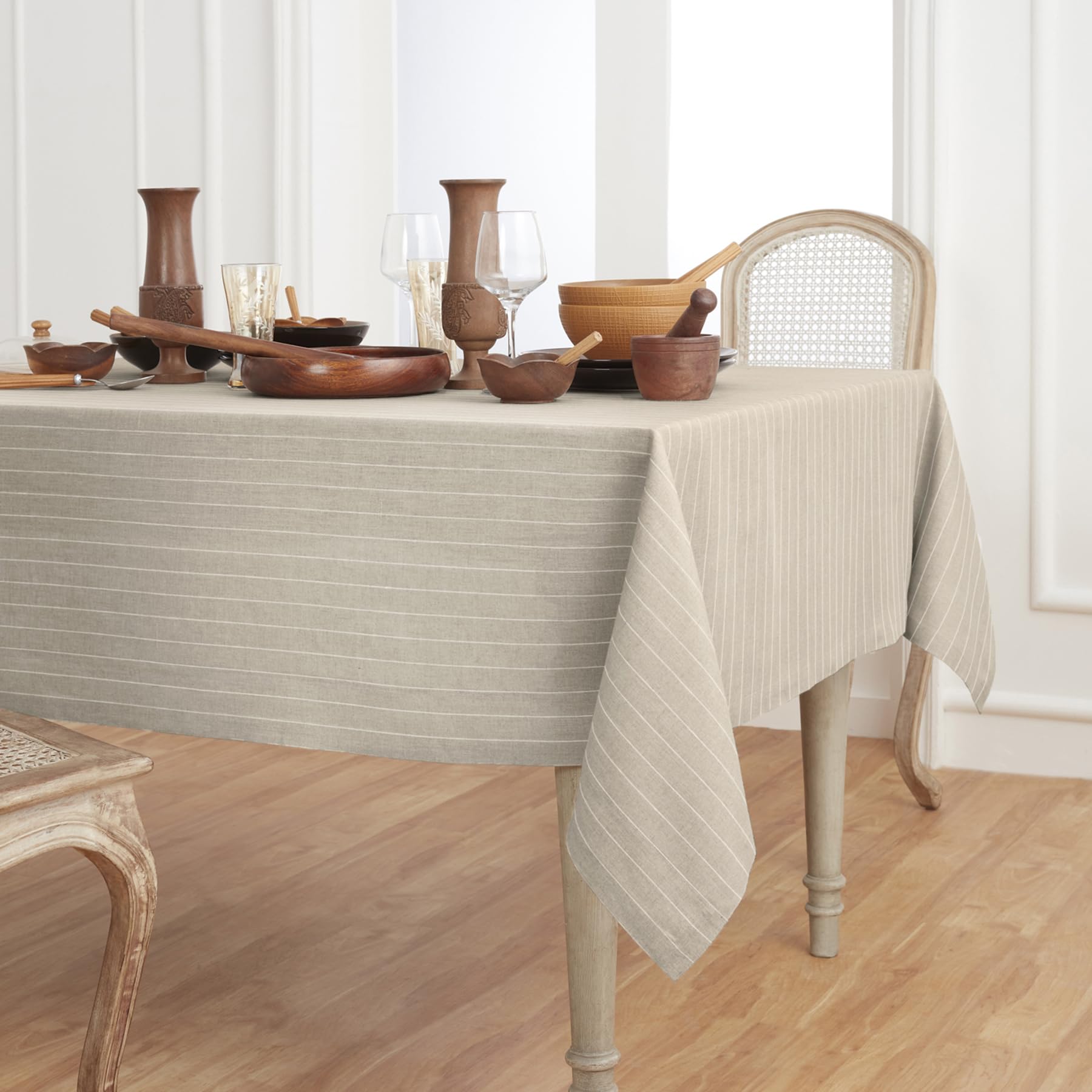 Solino Home Pinstripe Linen Tablecloth 120'' L X 60'' W Inch - 100% Pure Linen Natural And White Tablecloth For Spring, Easter -