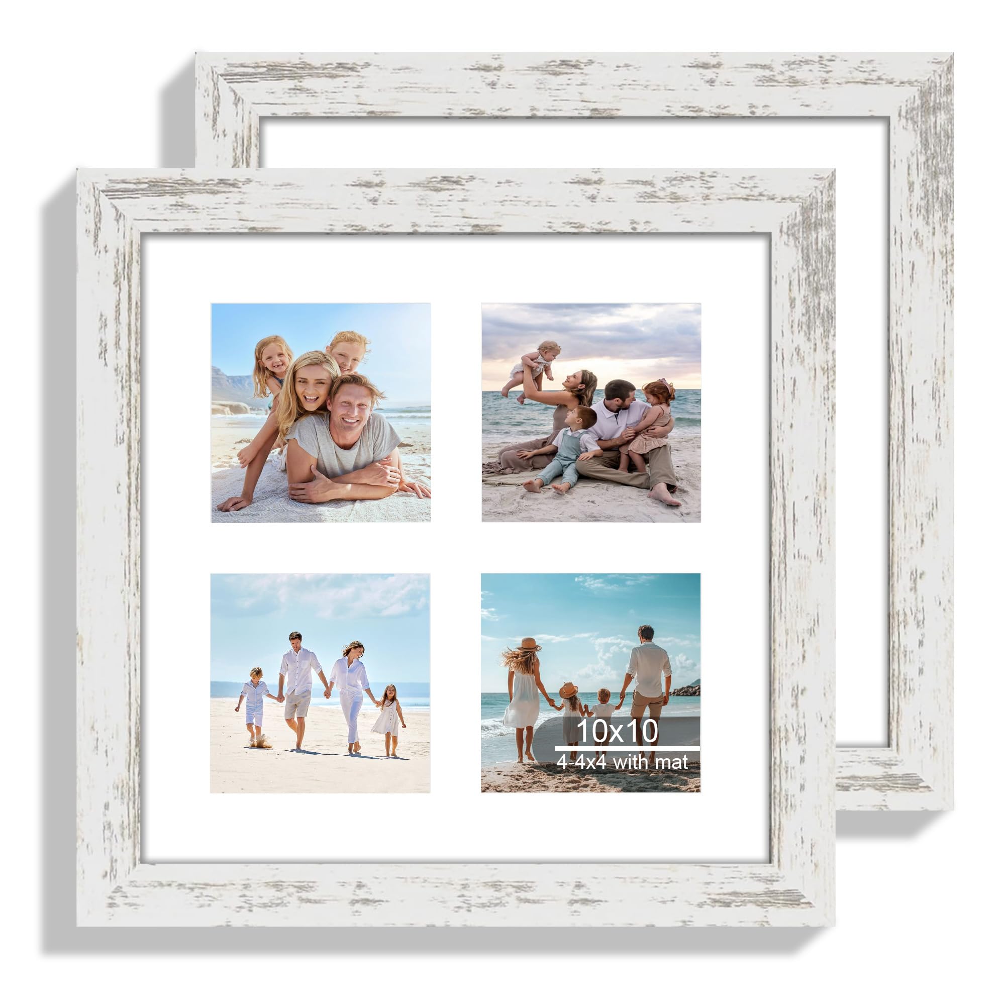 Hongkee 10x10 Picture Frame Set of 2, Real Glass and Distressed White Collage Frame, Display Pictures Four Opening 4x4 With Mat 
