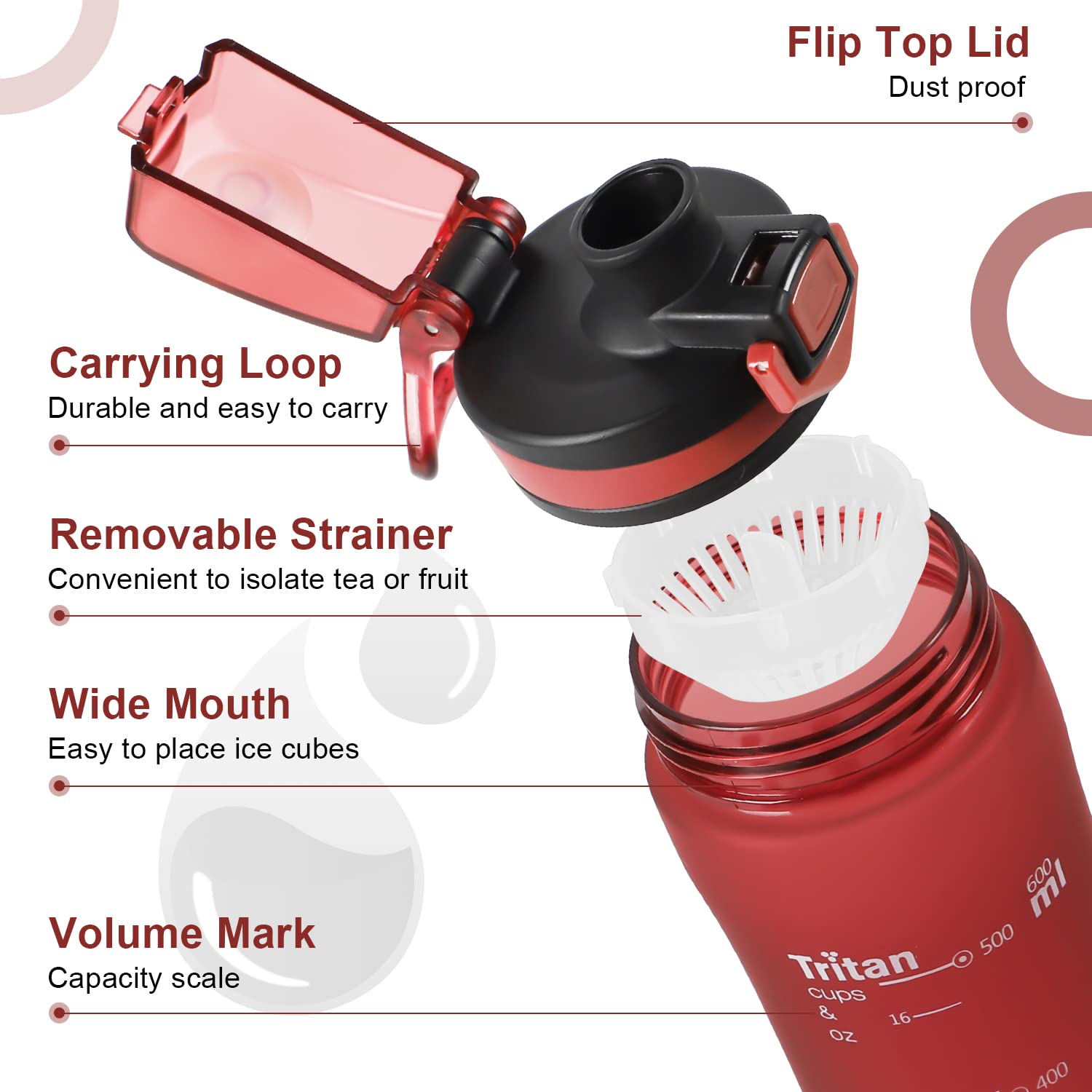 Opard Peak Water Bottle 20 Oz Bpa Free Tritan Plastic Leak Proof Flip Top For School Kids Sports Gym Yoga Camping (Red)