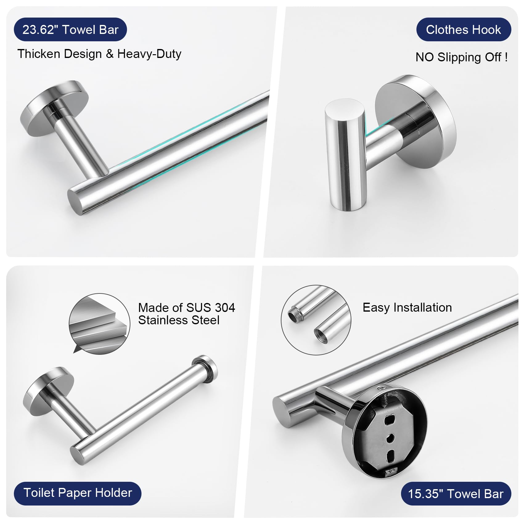 5 Pieces Bathroom Hardware Set, 23.6-Inch+15.35-Inch Bathroom Towel Bar Sus304 Stainless Steel Bathroom Towel Bar Set Polished C