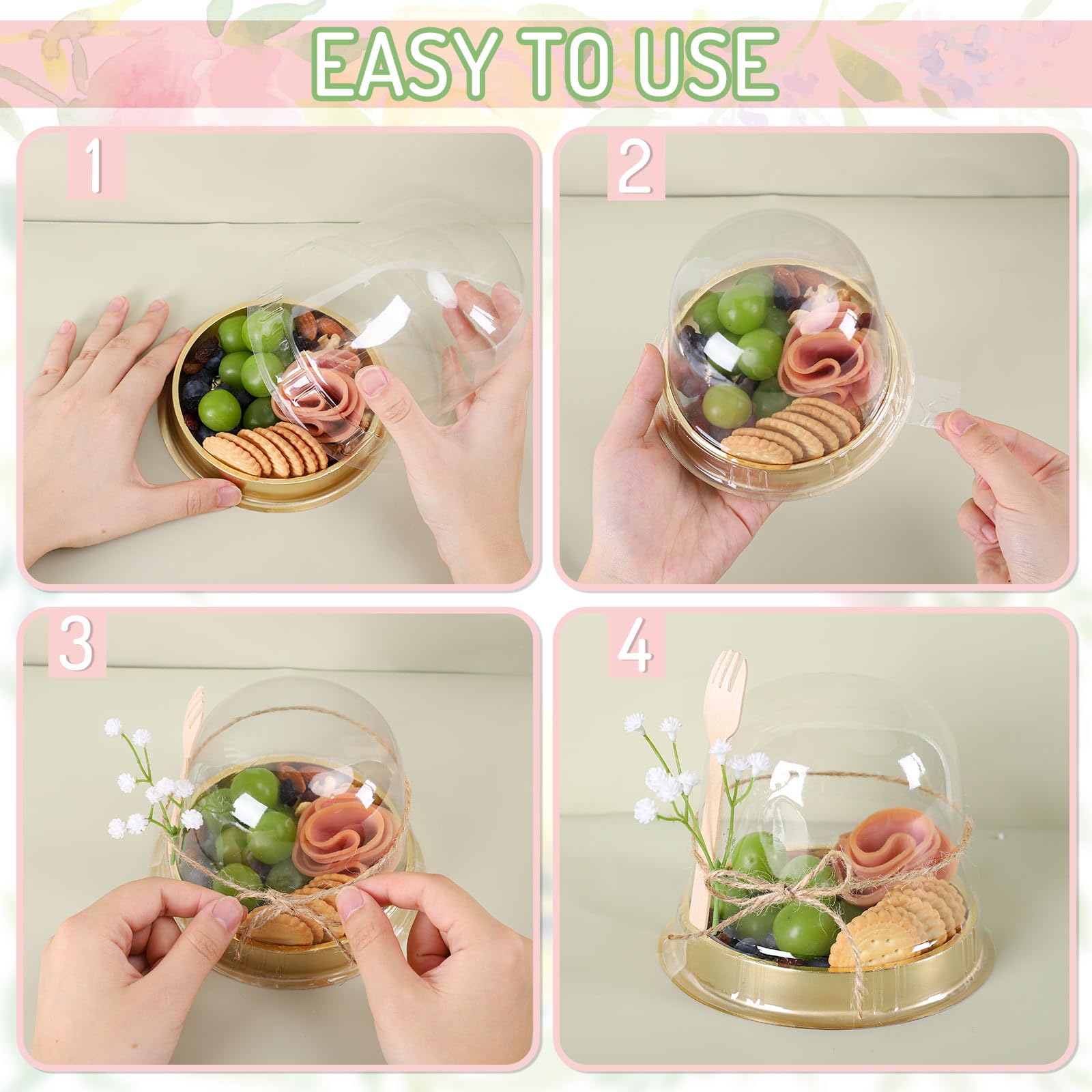 Whaline 100 Sets Disposable Individual Charcuterie Cup Set Clear Plastic Cupcake Container With Mini Wooden Spork Rope For Gradu