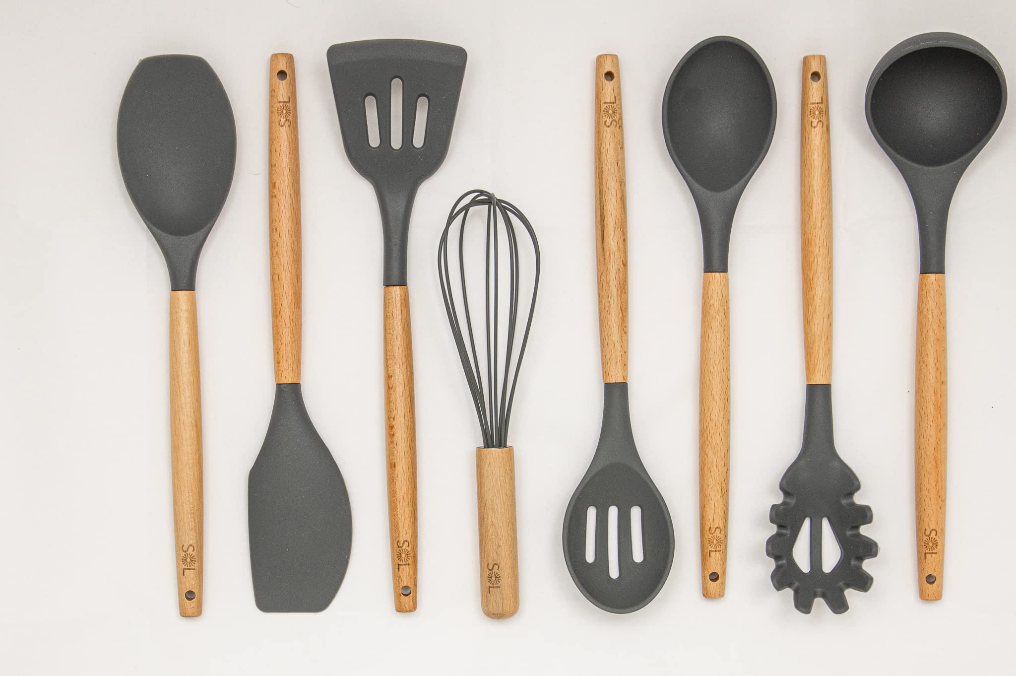 Sol -Utensil Holder For Kitchen Set Silicone Cooking Utensils With Wooden Handle 8Pcs Set - Serving Spoon, Slotted Spoon, Mixer,