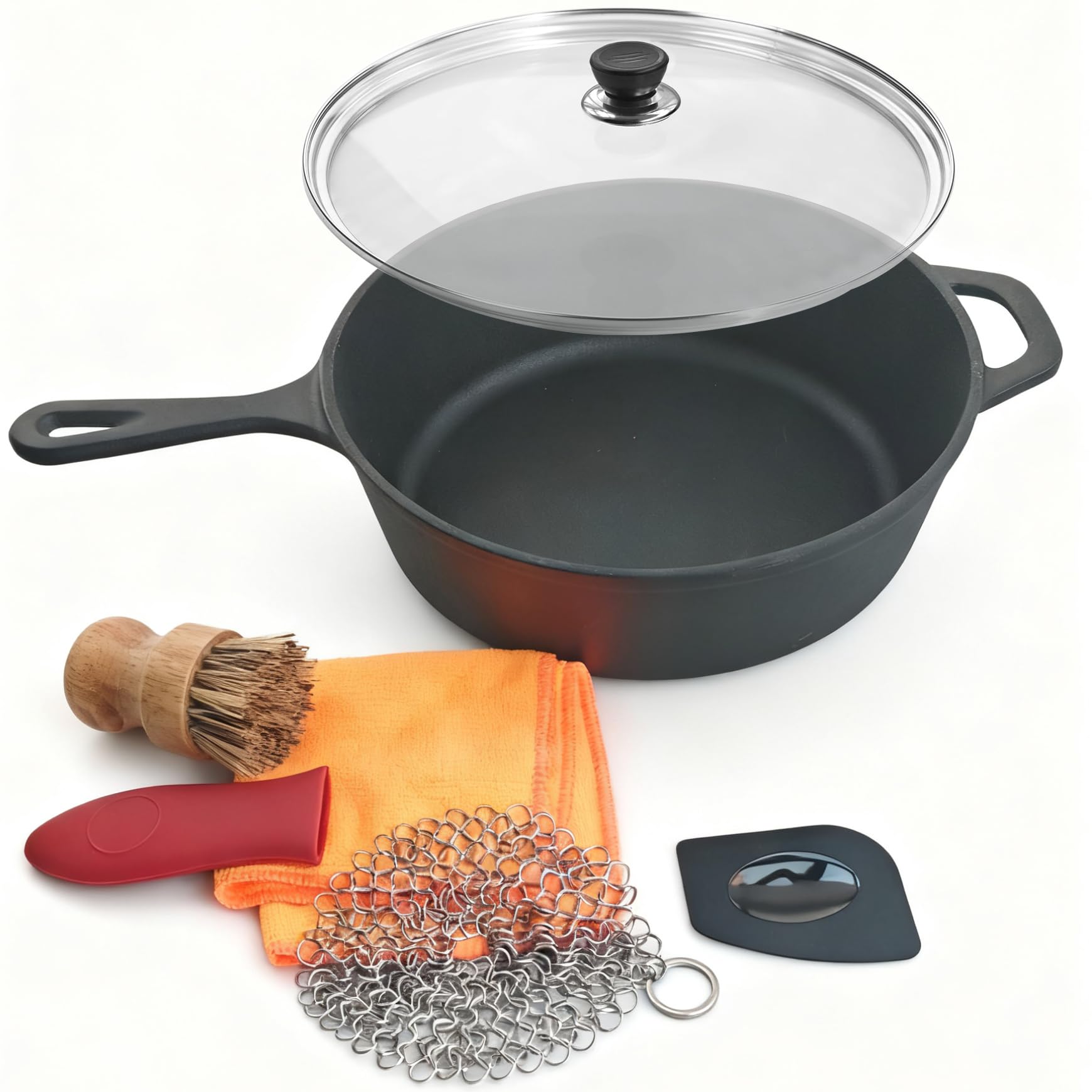 MXWLEIEL Cast Iron Skillet  10.25 Inch Frying Pan with Teardrop Handle,Round Tempered Glass Lid,5 Pieces Cast Iron Cleaner Set 