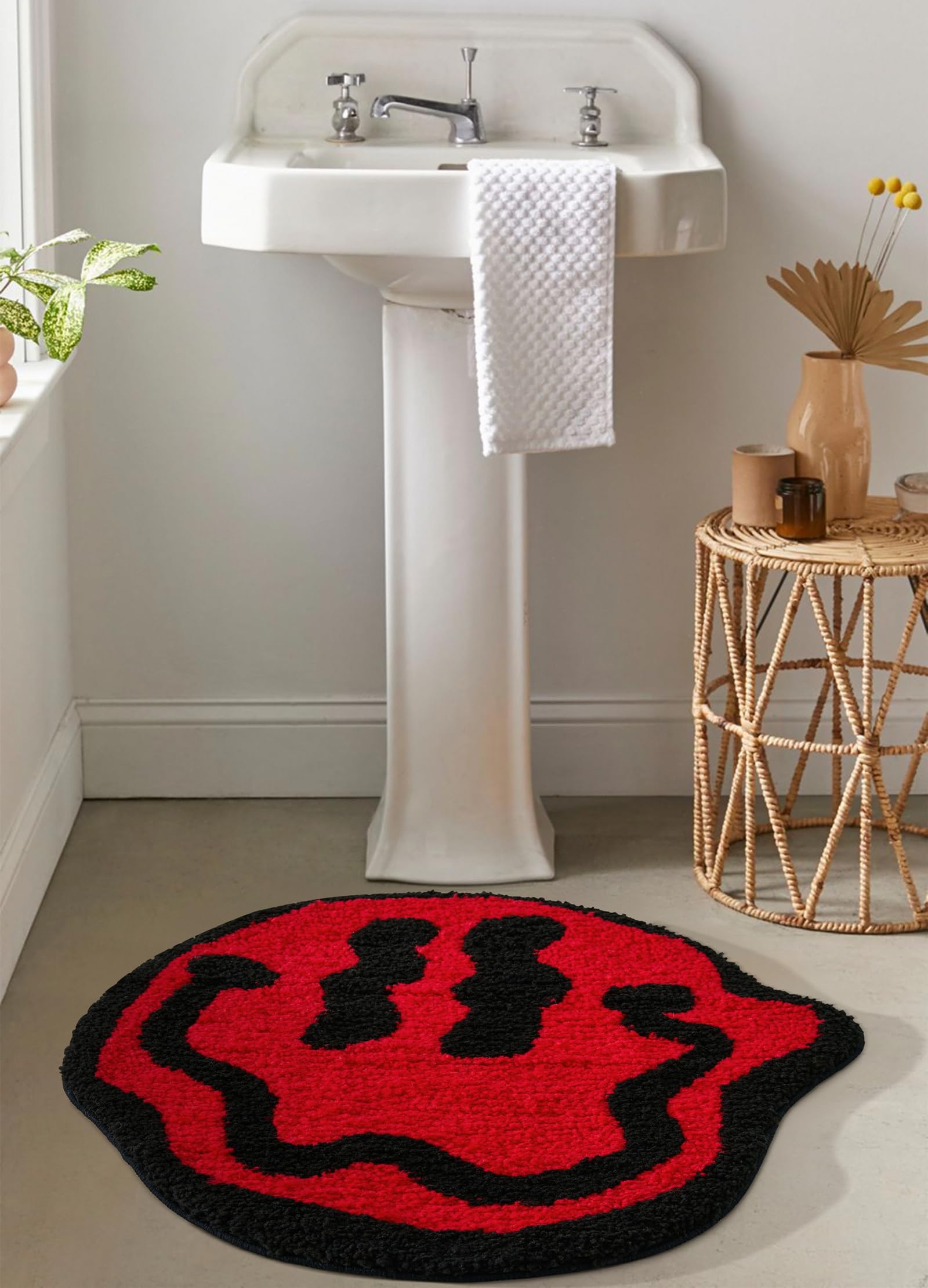Estmy Trippy Cute 2Ft Round Bathroom Rugs Red/Black Non Slip Rubber Backed Washable, Groovy Aesthetic Happy Face Abstract Hippie