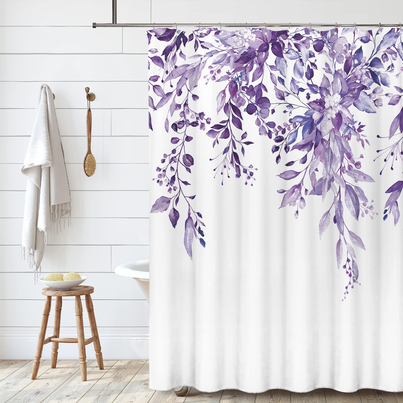 Tititex Purple Eucalyptus Shower Curtain Sets, Watercolor Leaves On The Top Plant With Floral Bathroom Decoration 72X84 Inch Wit