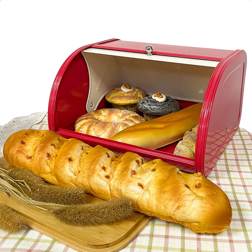 X458 Metal Bread Box/Bin/Kitchen Storage Containers With Roll Top Lid (Red)