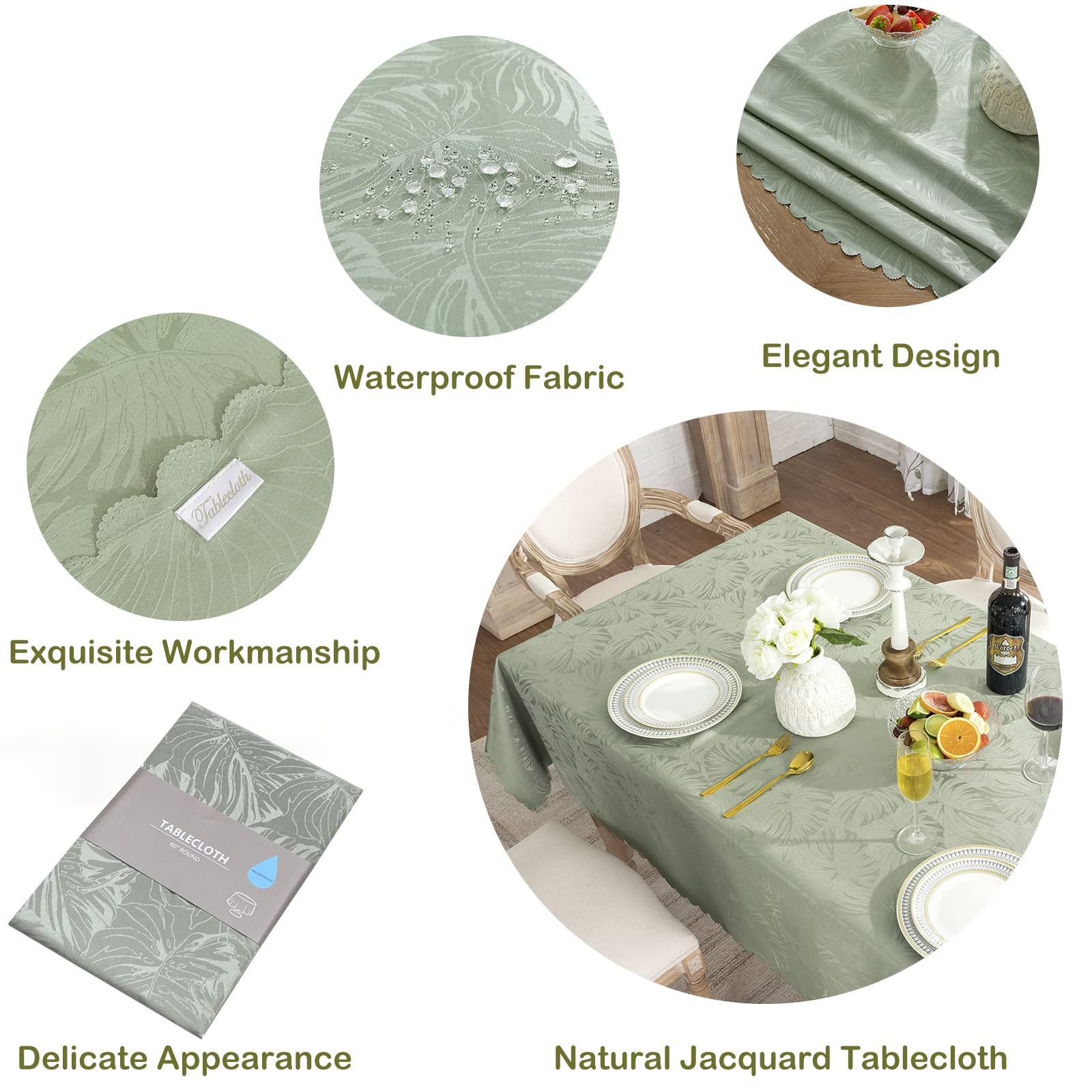 Efficinature Rectangle Tablecloths 60X84 Inch Waterproof Washable Sage Green Oblong Table Clothes For 6 Foot Tables Leaves Patte