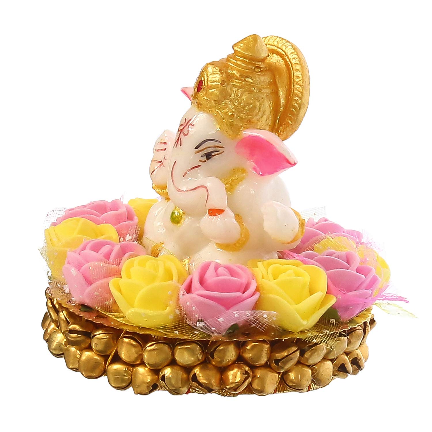 eCraftIndia Lord Ganesha Idol on Decorative Handcrafted Plate with Pink and Yellow Flowers