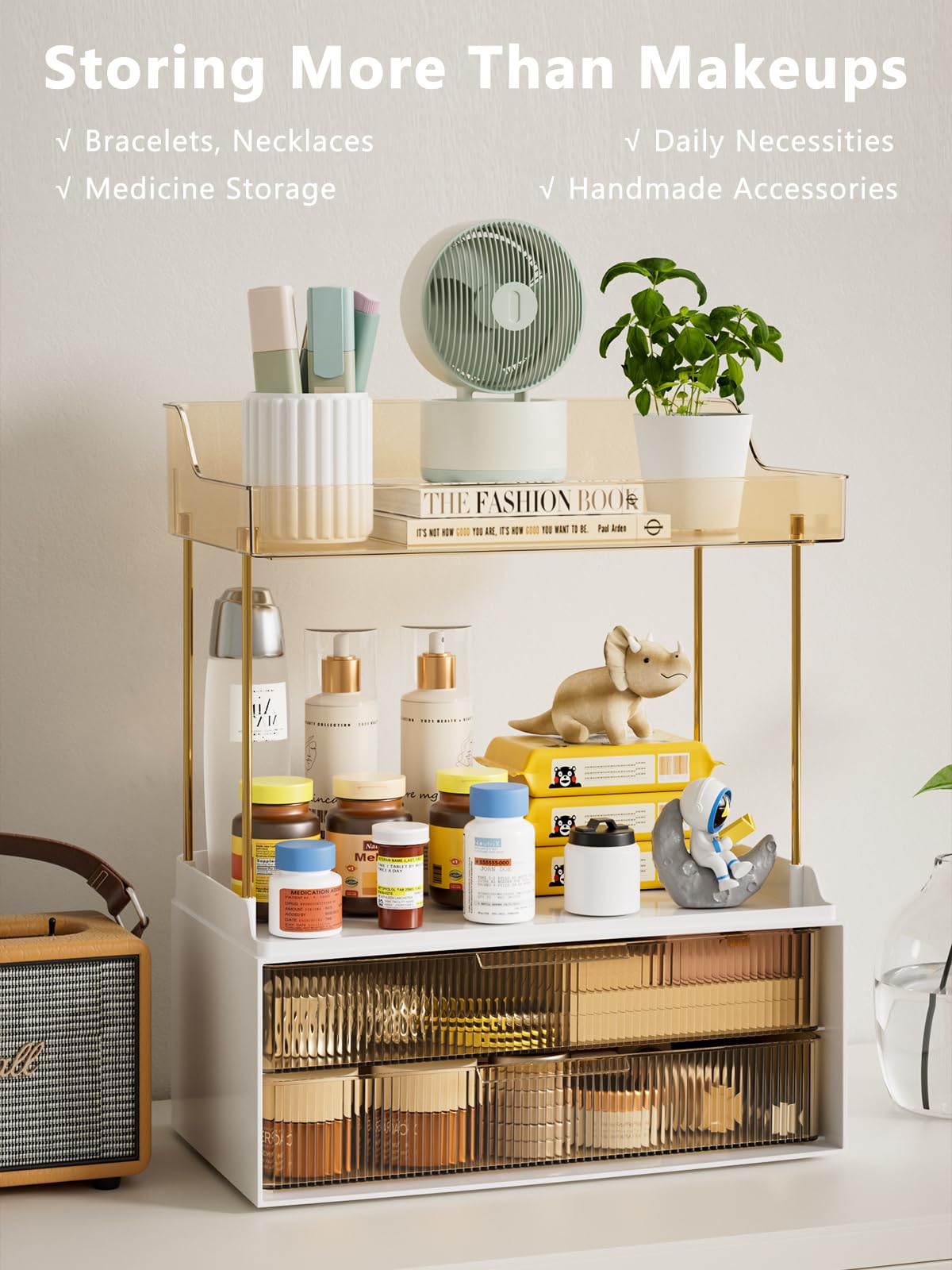 Hoffeins 4 Tiers Bathroom Organizers And Storage Countertop With 2 Drawers, Multi-Purpose Vanity Organizer, Skin Care Organizer
