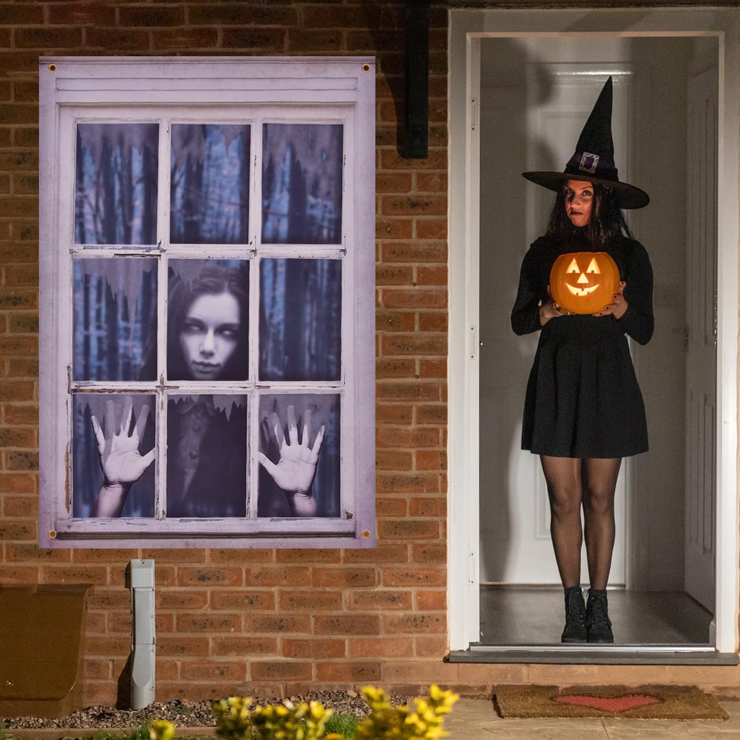 Ghost Halloween Decor - White Eyes Window Silhouette Curtains for Door, Wall - Scary Indoor/Outdoor Decor (Female Ghost)