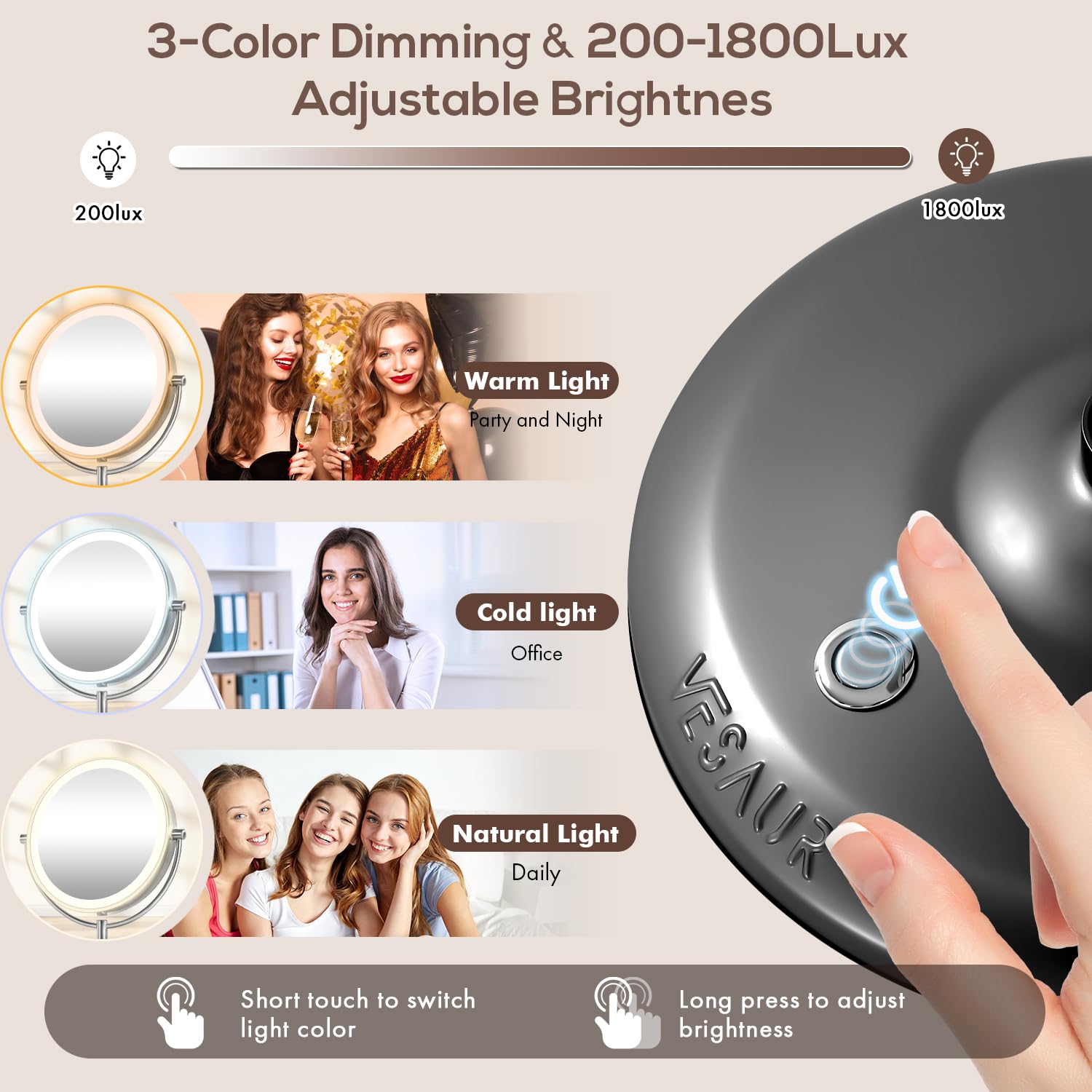 Vesaur 9 1X15X Lighted Makeup Mirror, 5000Mah Rechargeable 2-Sided Magnifying Mirror With 3 Dimmable Lights, 360 Rotation Vanity