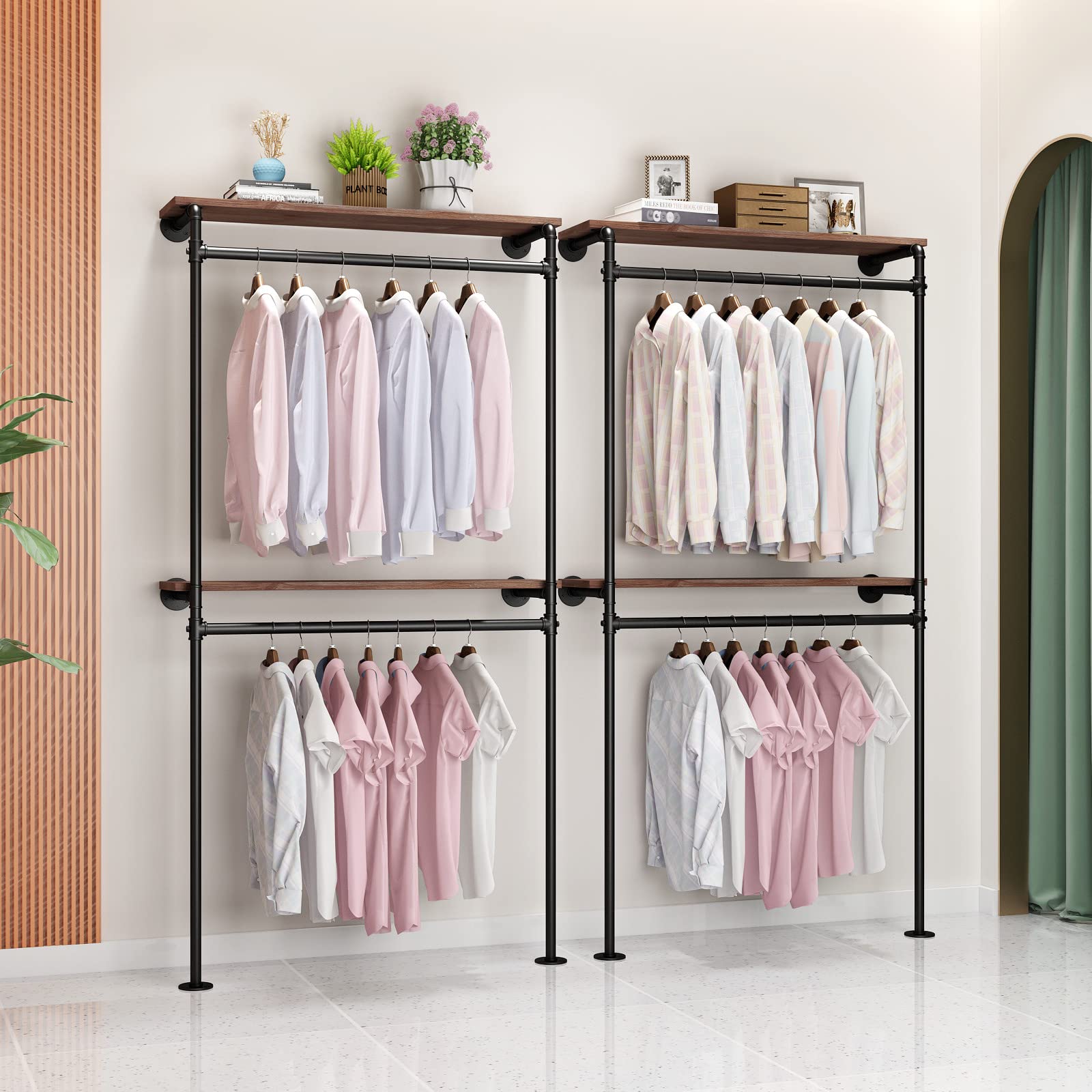 Dr.Iron Industrial Pipe Clothing Racks With 2 Tier Shelves, Wall Mounted Black Clothes Rack With Double Hanging Rods Heavy Duty