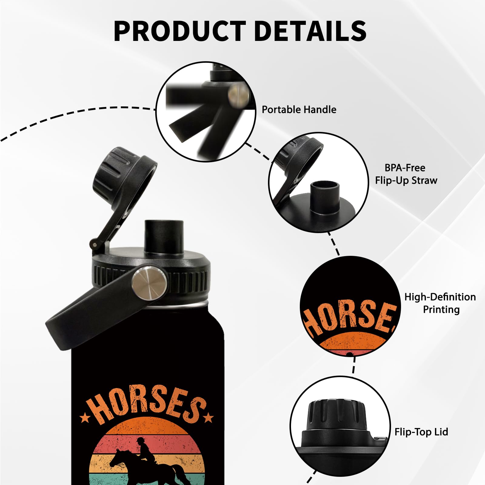 Uibunoo Horse Gifts for Women Girls, Horses Stainless Steel Insulated Water Bottle with Lid 32oz, Horse Theme Gifts for Thanksgi