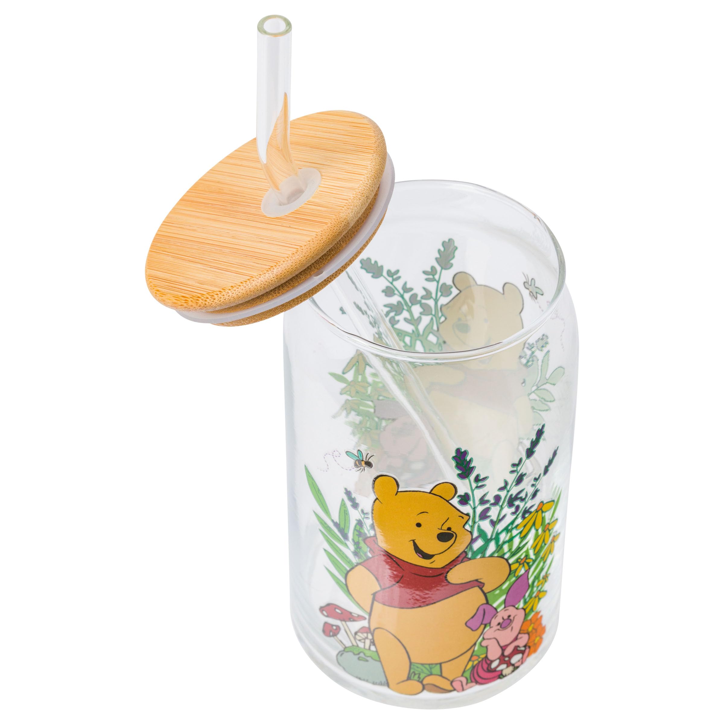 Silver Buffalo Disney Winnie The Pooh And Piglet Garden Glass Jar Tumbler With Bamboo Lid And Glass Straw, 16 Ounces