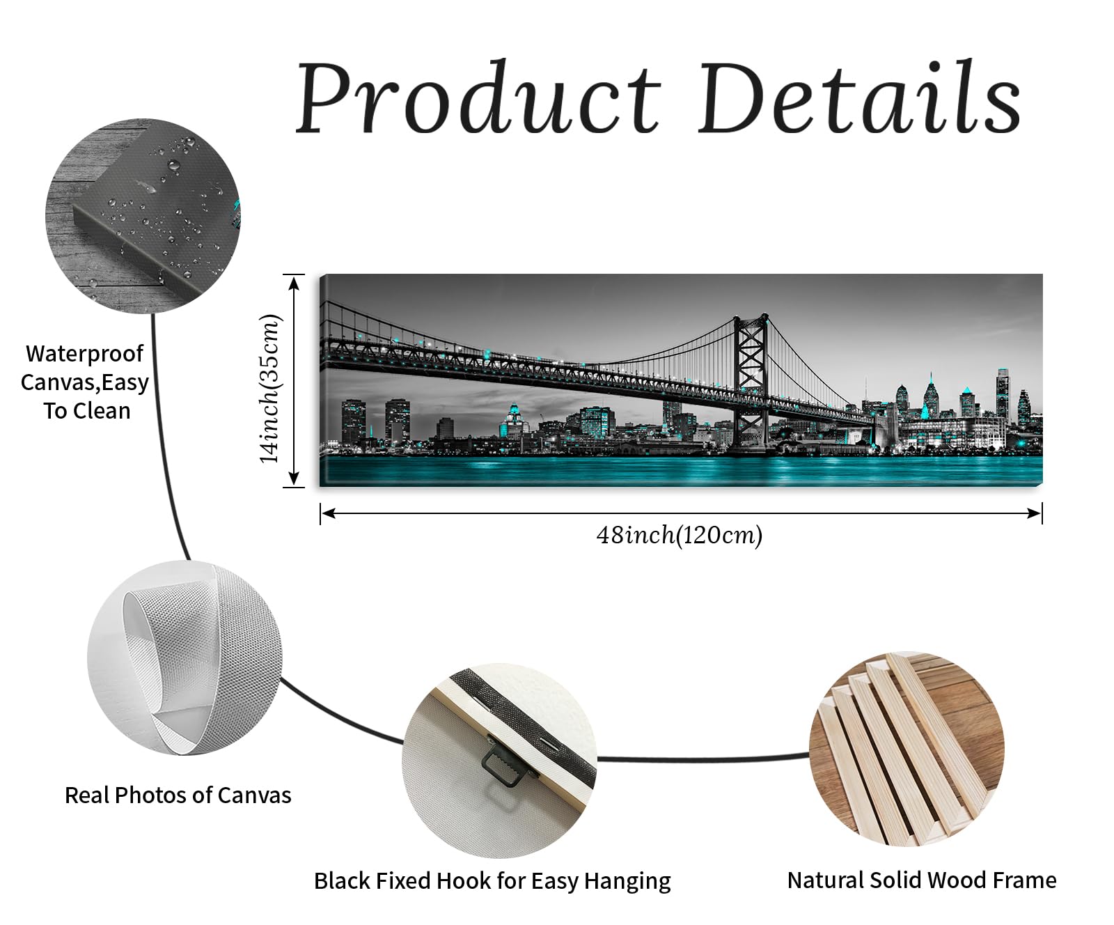 JiazuGo Philadelphia Skyline City Canvas Wall Art Decor 14''x48'' Black and White Aqua Green Teal Panorama Cityscape Pictures Artwork Painting Poster for Bedroom Office Decoration Stretch Framed