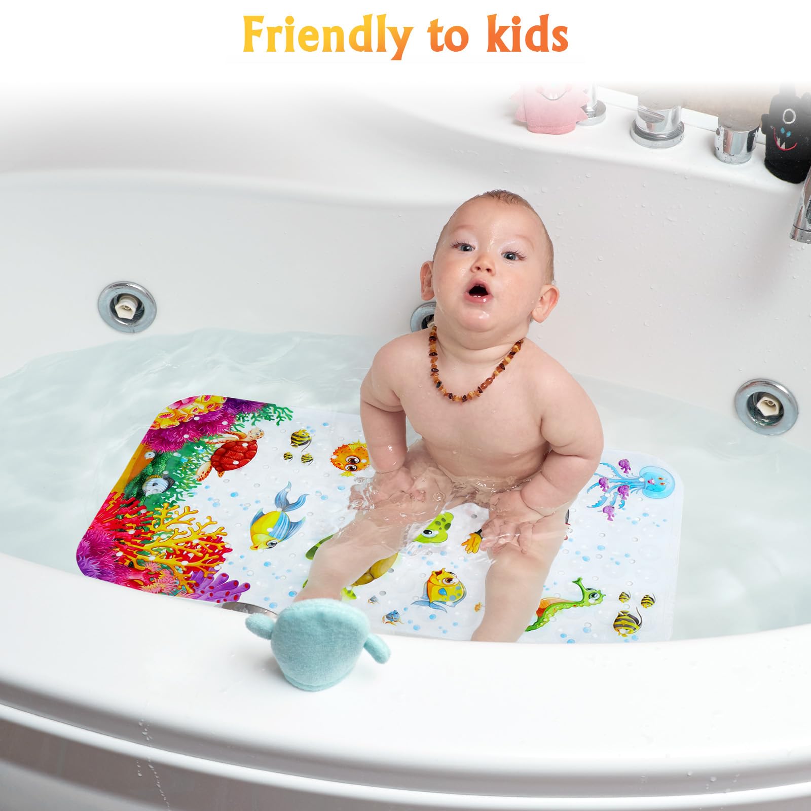 Baby Bath Mat For Tub For Kids, 27.5In X 15In Non Slip Cartoon Bath Tub Shower Mat Anti Slip With Drain Holes And Suction Cups M