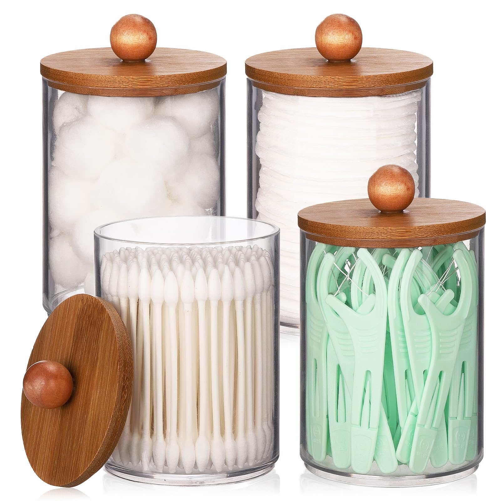 Tbestmax 4 Pack Qtip Holder Dispenser, Plastic Bathroom Organizer And Storage Containers, 10Oz Apothecary Jars With Brown Bamboo