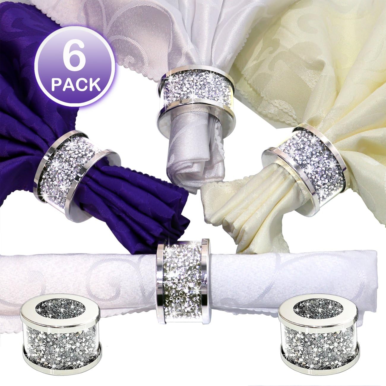 Vohjd Crystal Glass Napkin Holder Silver Diamond Napkin Rings Pack Of 6 Pieces, Glam Crushed Diamond Table Settings Bling Servie
