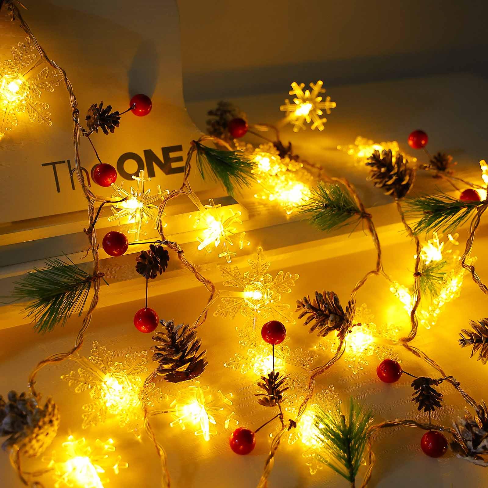 30 Led 10ft Christmas Garland Snowflake Lights, Pine Cones Red Berry Battery Operated Fairy String Lights 8 Lighting Modes with
