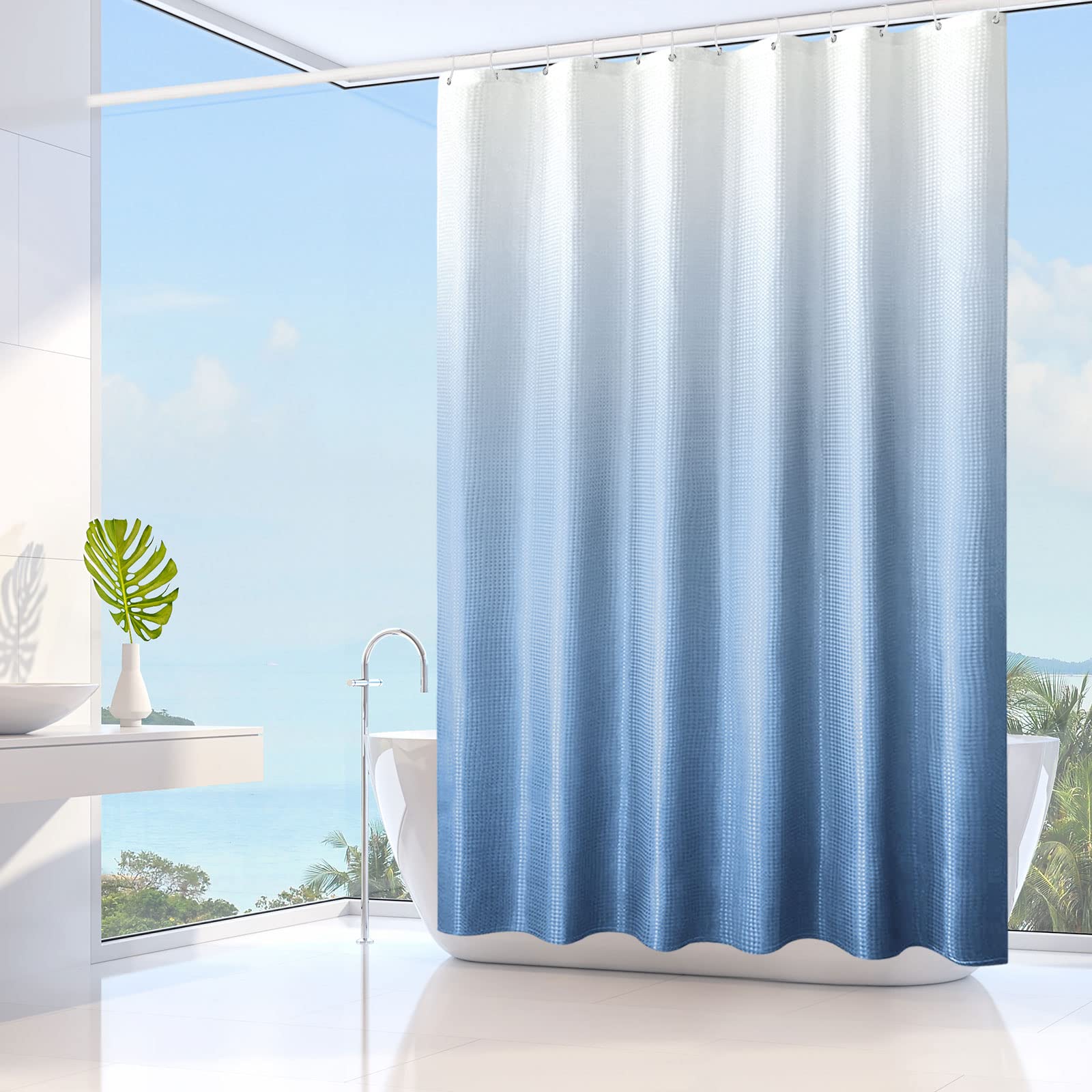 Gibelle Blue Shower Curtain For Bathroom, Waffle Weave Textured Ombre Fabric Shower Curtain Set With Hooks, Water Repellent, Mac