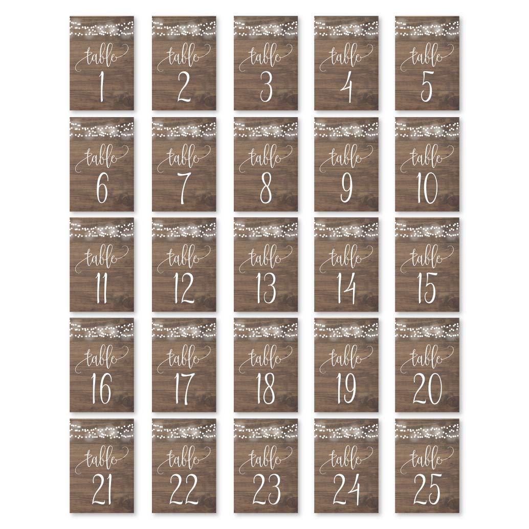 Hadley Designs 1-25 Rustic Wood Lights Table Number Double Sided Signs For Wedding Reception  Restaurant  Birthday Party Calligraphy Printed Numbered Card Centerpiece Reusable Frame Stand 4x6 Size