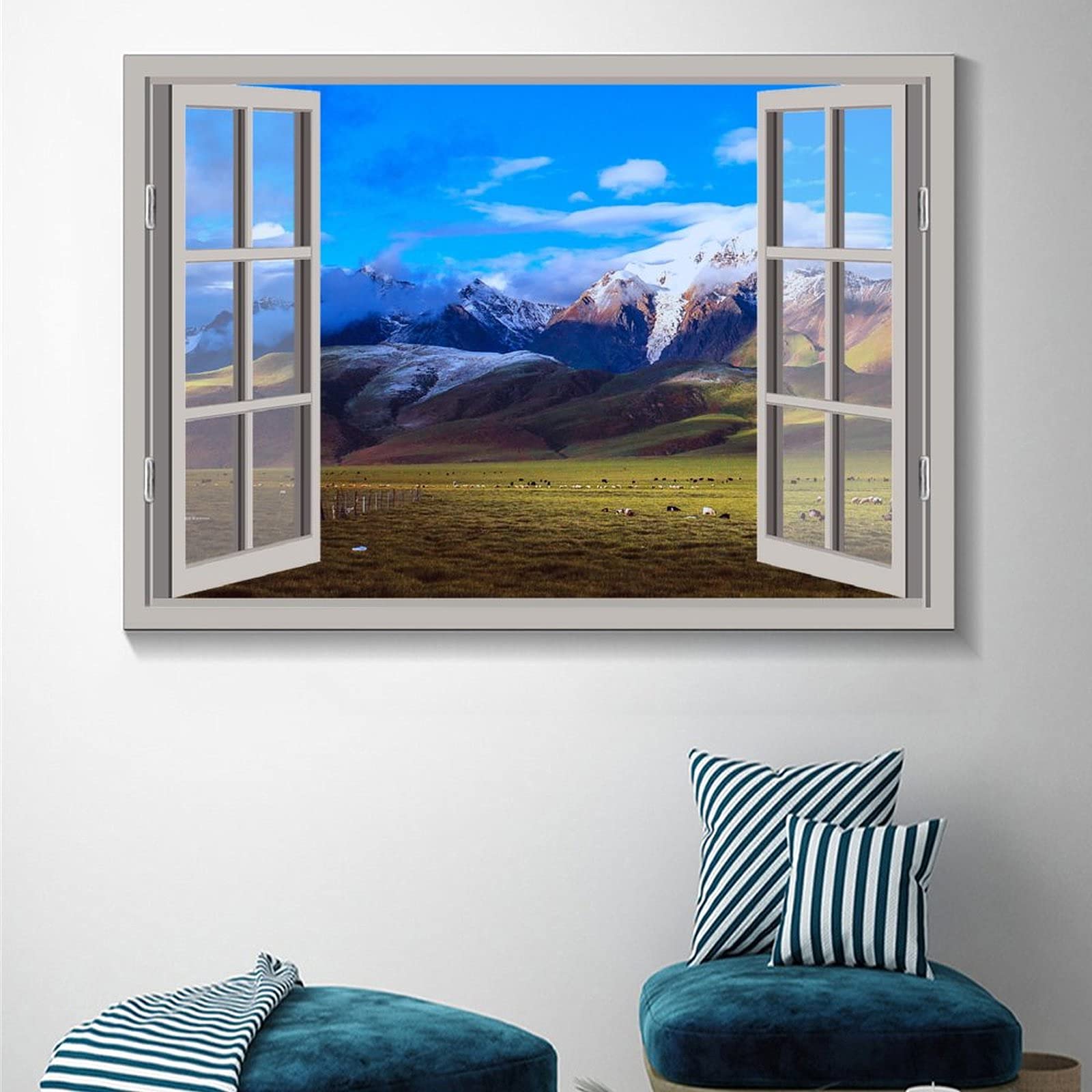 3D Open Window View Grassland Natural Scenery Posters Canvas Painting Modern Wall Art Home Living Room Decor Bedroom Aesthetic M