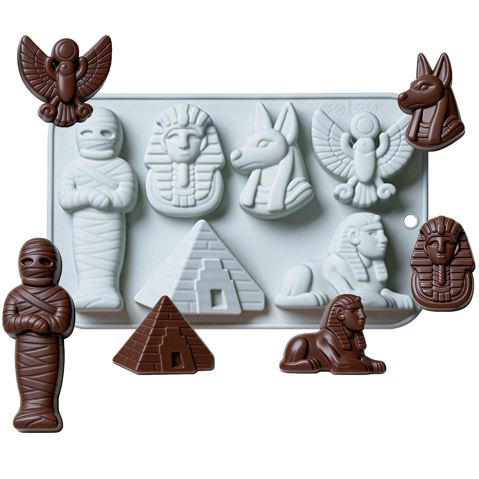 6Cavity Egyptian Theme Molds with Egyptian Pyramid Pharaoh Mummy Sphinx