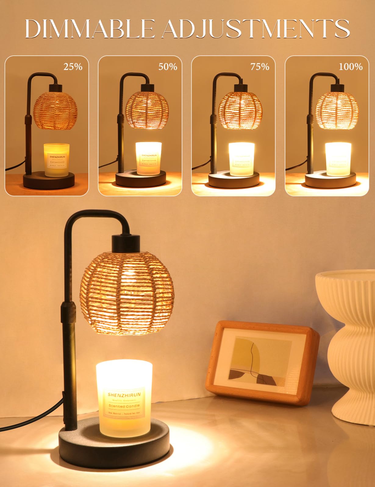 Yohonk Candle Warmer Lamp with Timer Dimmable, Natural Weaving Boho Electric Candle Lamp, Wax Warmer Lamp for Mothers Day Gifts