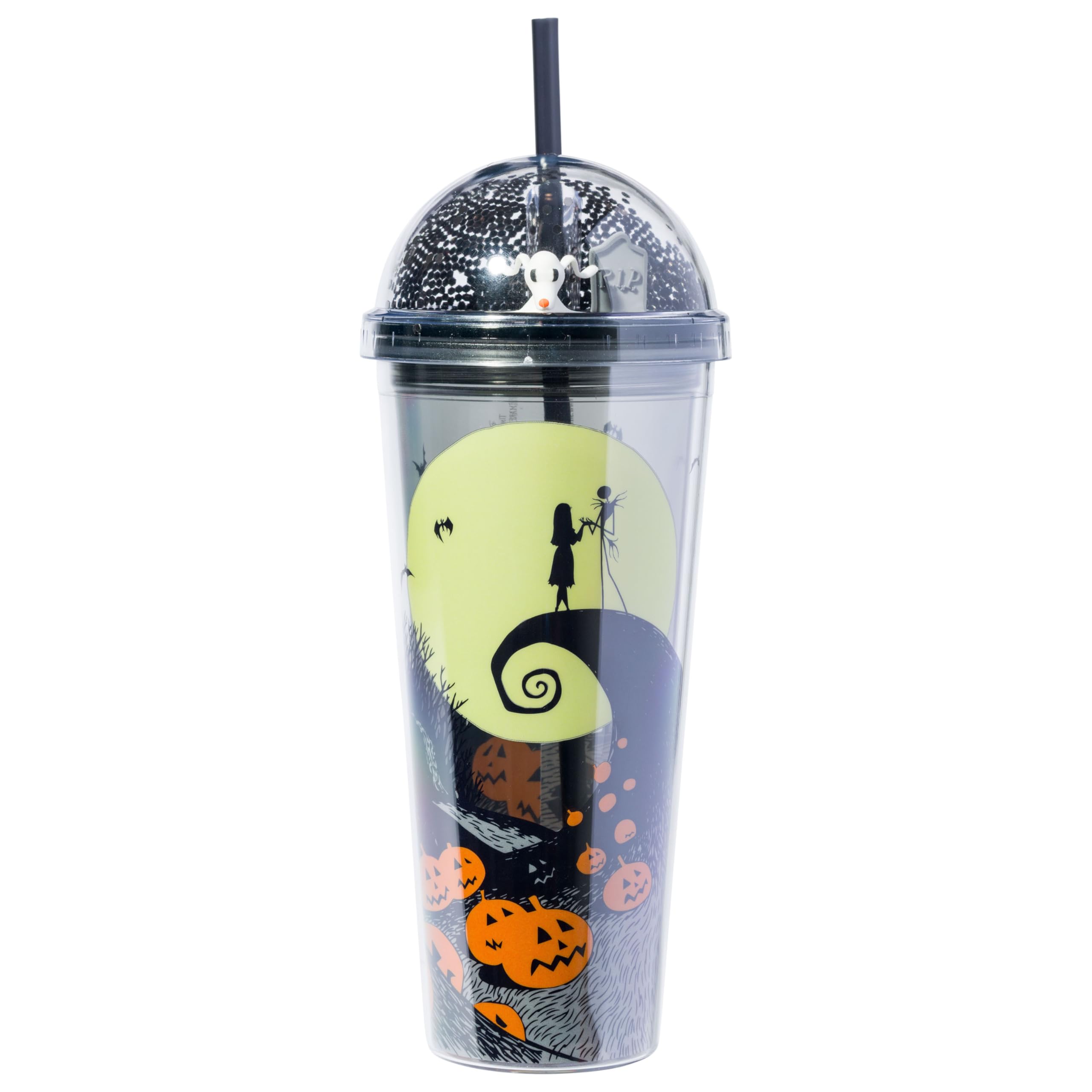 Silver Buffalo Disney Tim Burton Nightmare Before Christmas Moon Scene Featuring Jack Skellington, Sally, and Zero Dome Glitter 