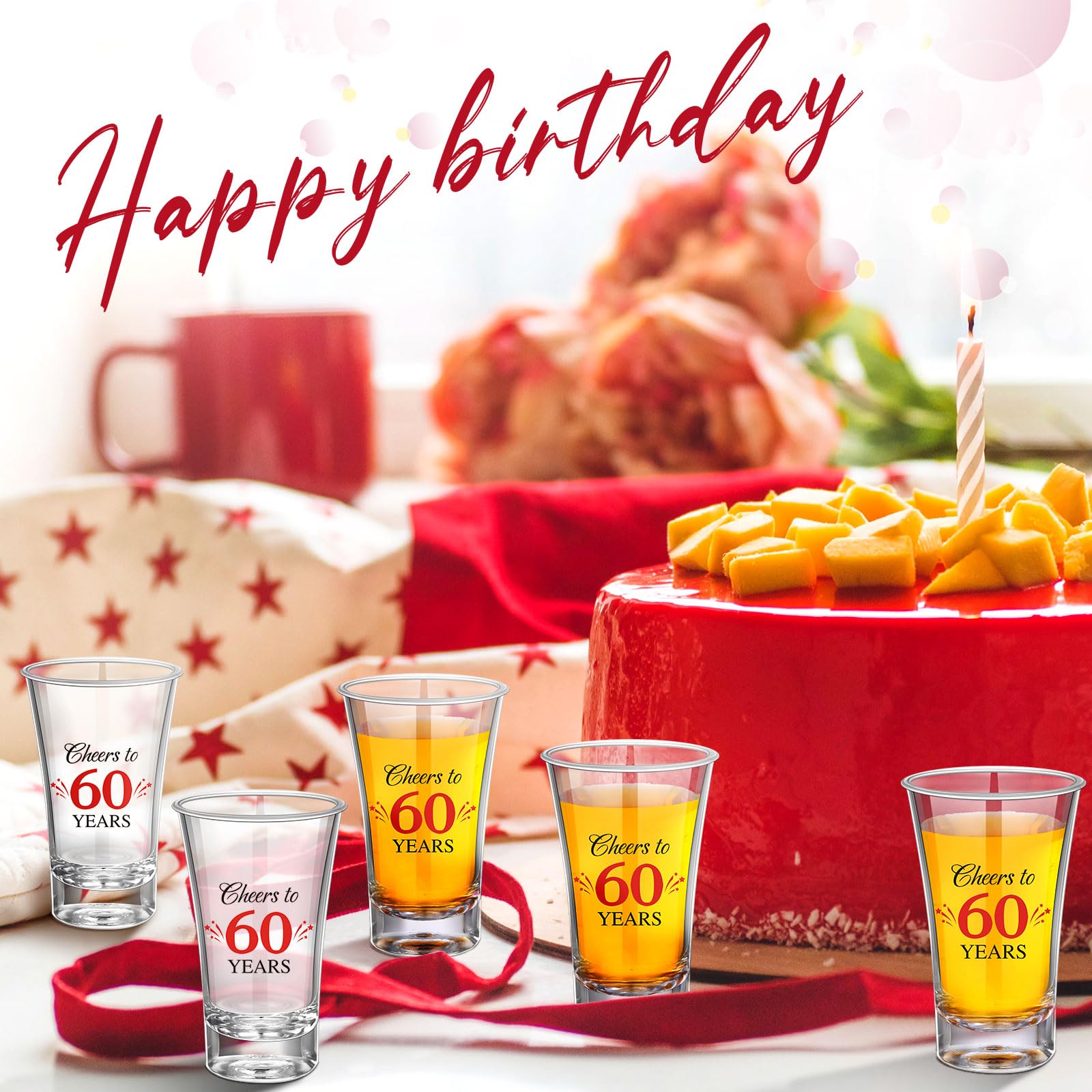 Pickmesh 50 Sets Black Red Birthday Party Favors for Guests Souvenir Multicolor 60 Years Old Gift Bulk Acrylic Clear 1.2oz Shot