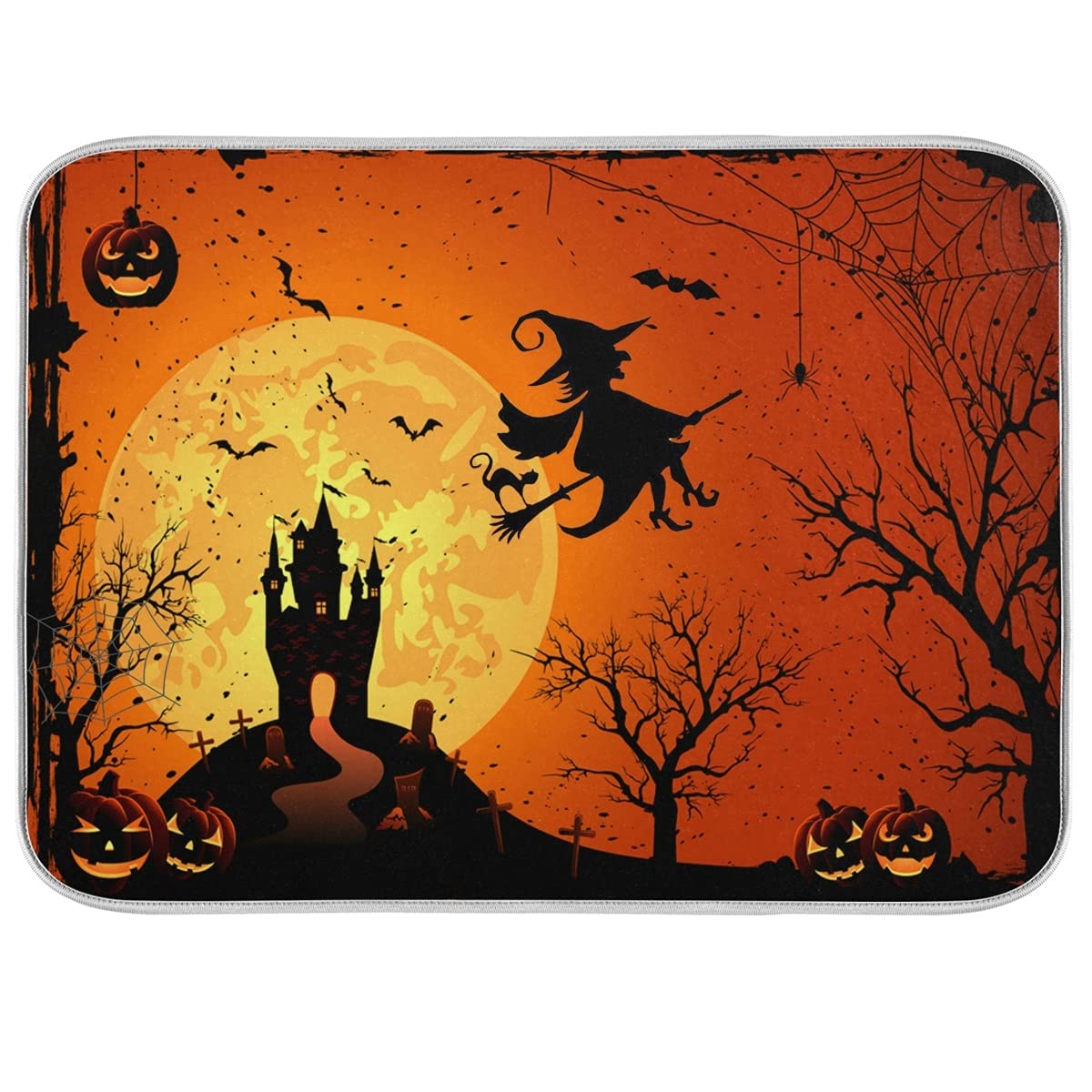 Happy Halloween Fall Pumpkin Witch Dish Drying Mat 18X24 For Kitchen Counter Spooky Castle Bats Trick Or Treat Reversible Dishes