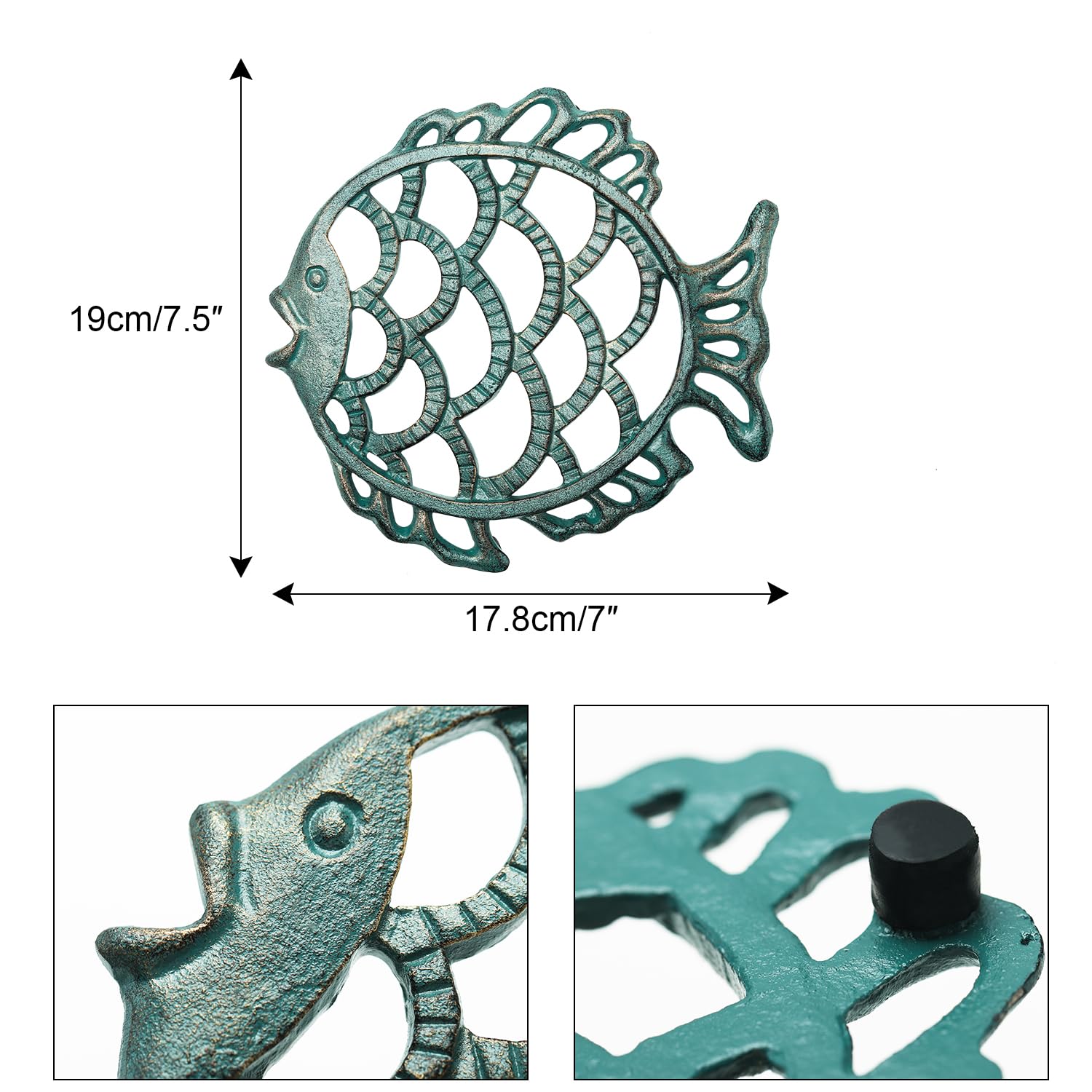 Sungmor Cast Iron Cute Fish Trivet For Wood Stove - Dia-7.5 Inch Dark Green Finish - Rustproof Round Stands For Hot Pots/Dishes/