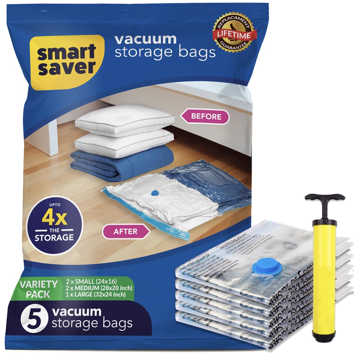 Smart Saver Vacuum Bags For Travel, Space Saver Bags 5 Pack (1 Large 2 Medium 2 Small) Compression Storage Bags For Clothes, Sea