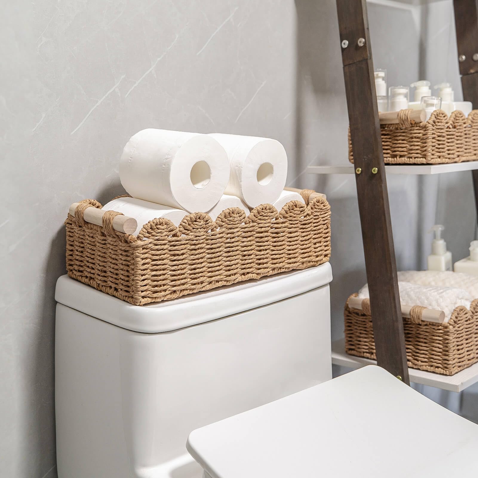 CubesLand Paper Rope Scalloped Edge Toilet Paper Storage Basket, Small Living Room, Bedroom Decor Baskets for Over Toilet Storag