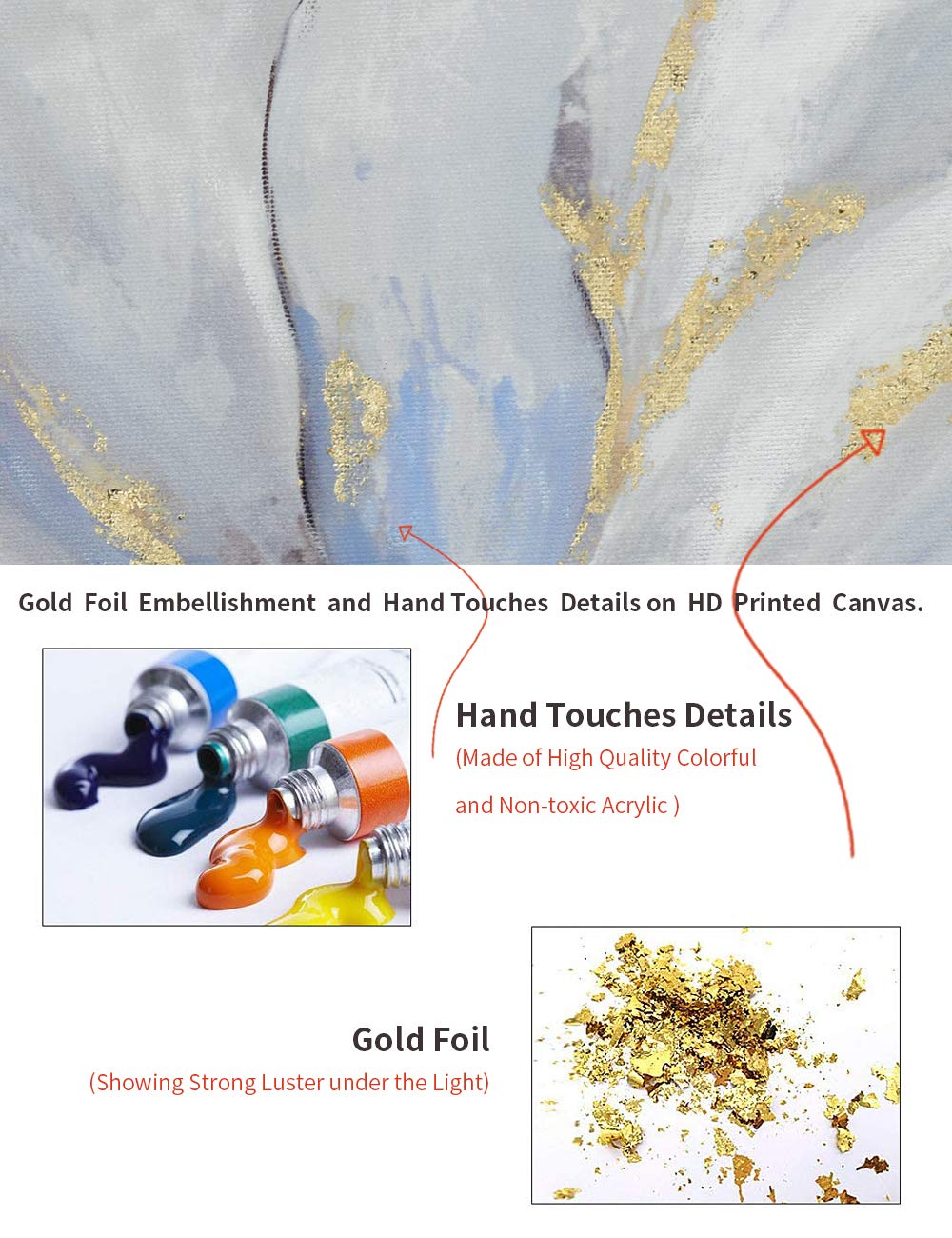 Goldfoilart Floral Wall Art Gold Flower Canvas Pictures With Foil Embellishment Painting Grey Print Framed Artwork For Bedroom B