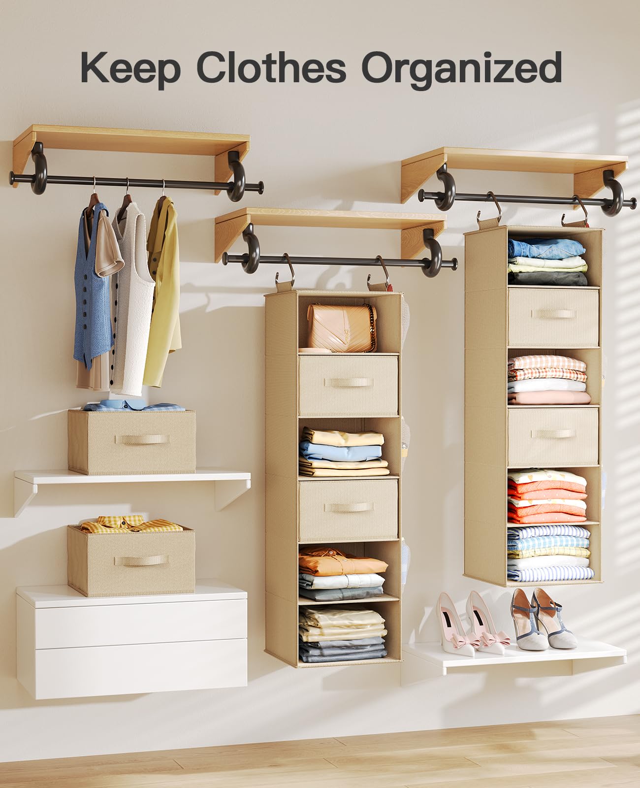 Pipishell Hanging Closet Organizer 6-Shelf  Hanging Shelves for Closet with 3 Removable Drawers & Side Pockets  Hanging Shelf Organizer for Bedroom or Garment Rack  12'' x 12'' x 43.3''  Beige