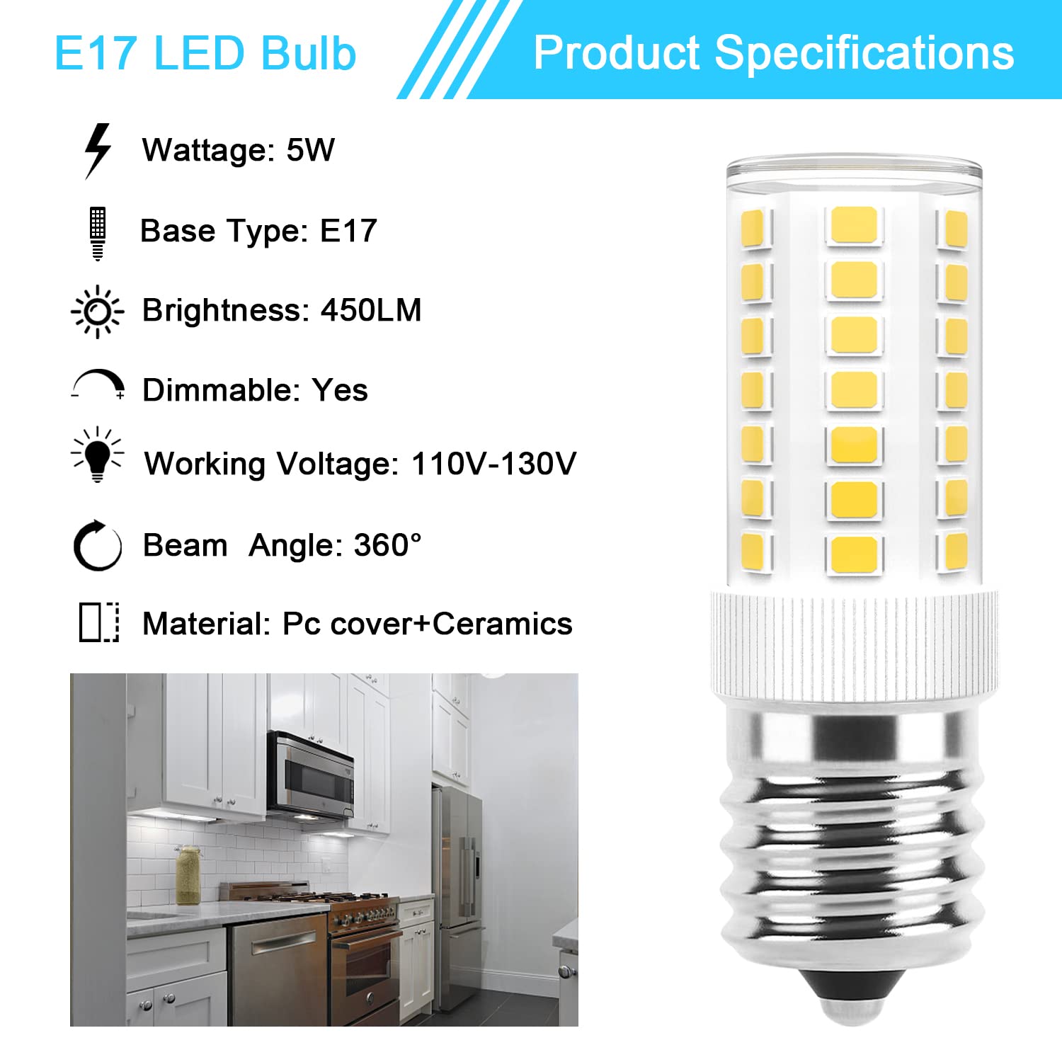 E17 Led Bulbs Dimmable 5W Microwave Over Stove Bulb, 40W Incandescent Equivalent, Daylight White 6000K, Fit For Whirlpool Maytag