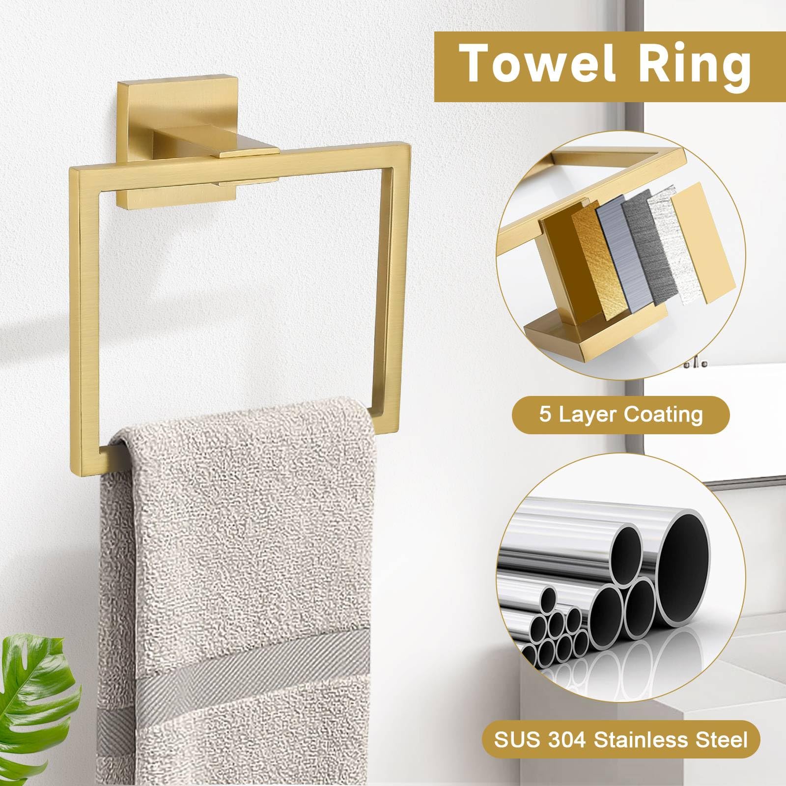 Tnoms Brushed Gold 10 Pieces Bathroom Hardware Accessories Set Towel Bar Set Towel Holder&Racks Set For Bathroom,Sus304 Stainles