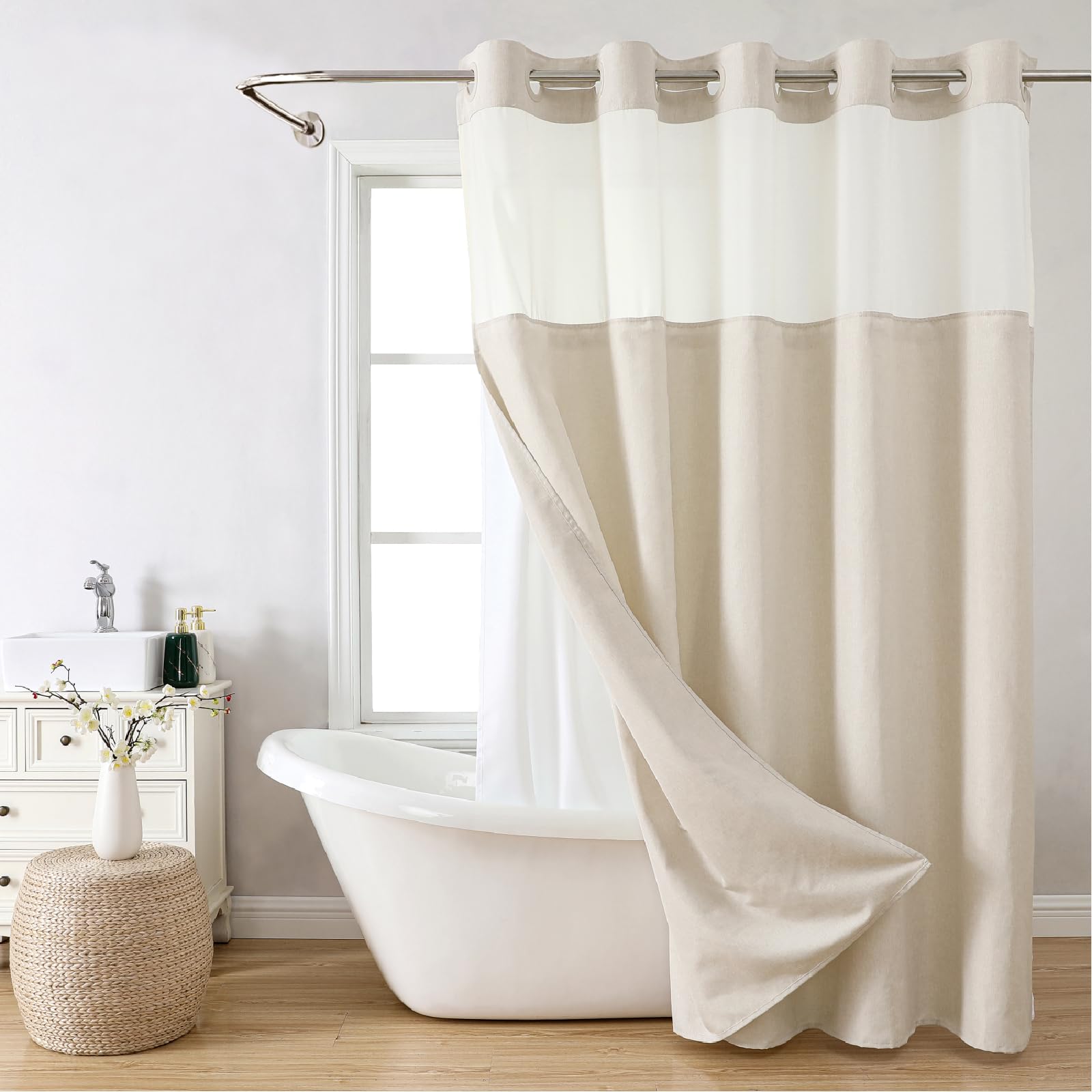 Eachope Extra Long No Hooks Needed Linen Textured Shower Curtain With Snap-In Fabric Liner Set,Cream Hotel Luxury Decor Shower C