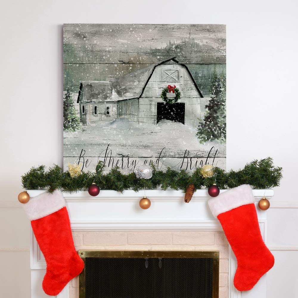 Renditions Gallery Be Merry and Bright Wall Art  Cute Christmas & Winter Artwork  Festive Barn  Faux Wood Look  Premium Gallery Wrapped Canvas Decor  Ready to Hang  32 in H x 32 in W  Made in America (WC21-42422-3232)