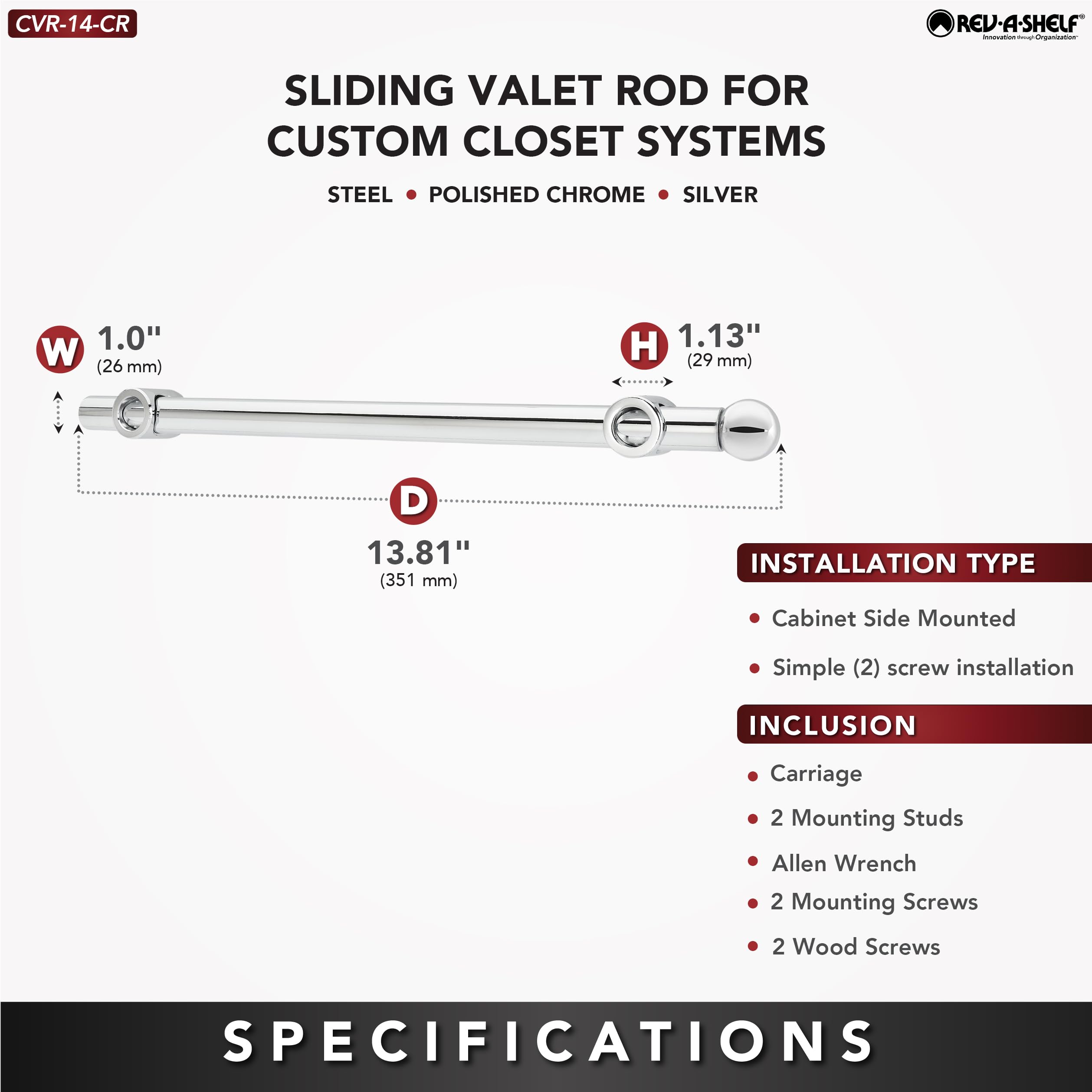 Rev-A-Shelf 14'' Pull Out Valet Rod for Closet Organization  Extendable Sliding Clothes Storage Hanging Rack with Mounting Hardware  Chrome  CVR-14-CR