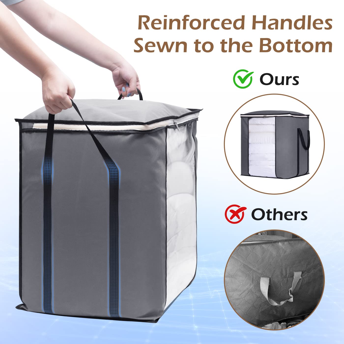 SLEEPING LAMB Extra Large Blanket Storage Bags, 120L, Breathable Fabric, Grey, 2 Packs, Model QB0089-GY-2P
