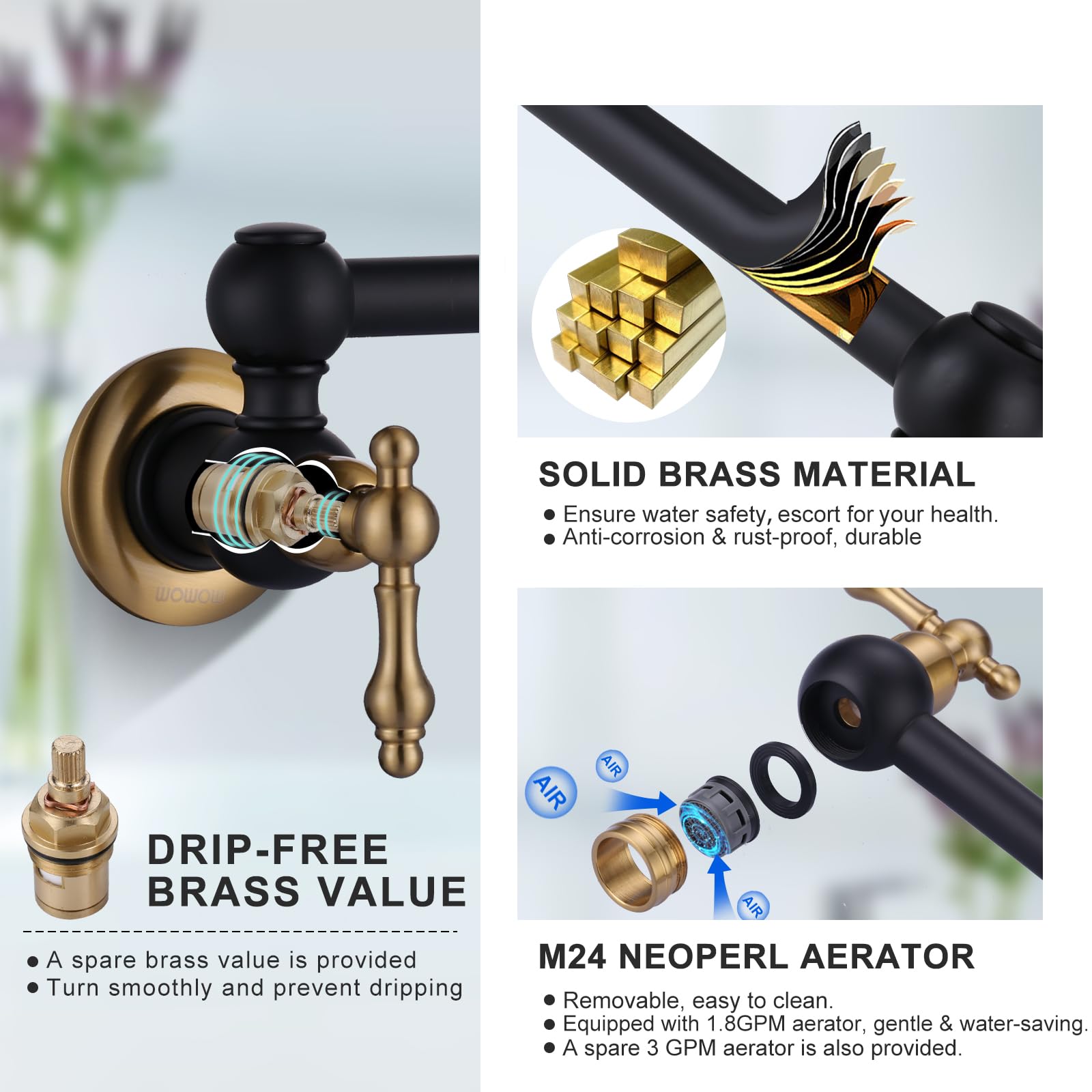 Wowow Pot Filler Faucet Over Stove, Solid Brass Pot Filler Wall Mount Commercial Kitchen Sink Pot Filler Copper Folding Faucet,